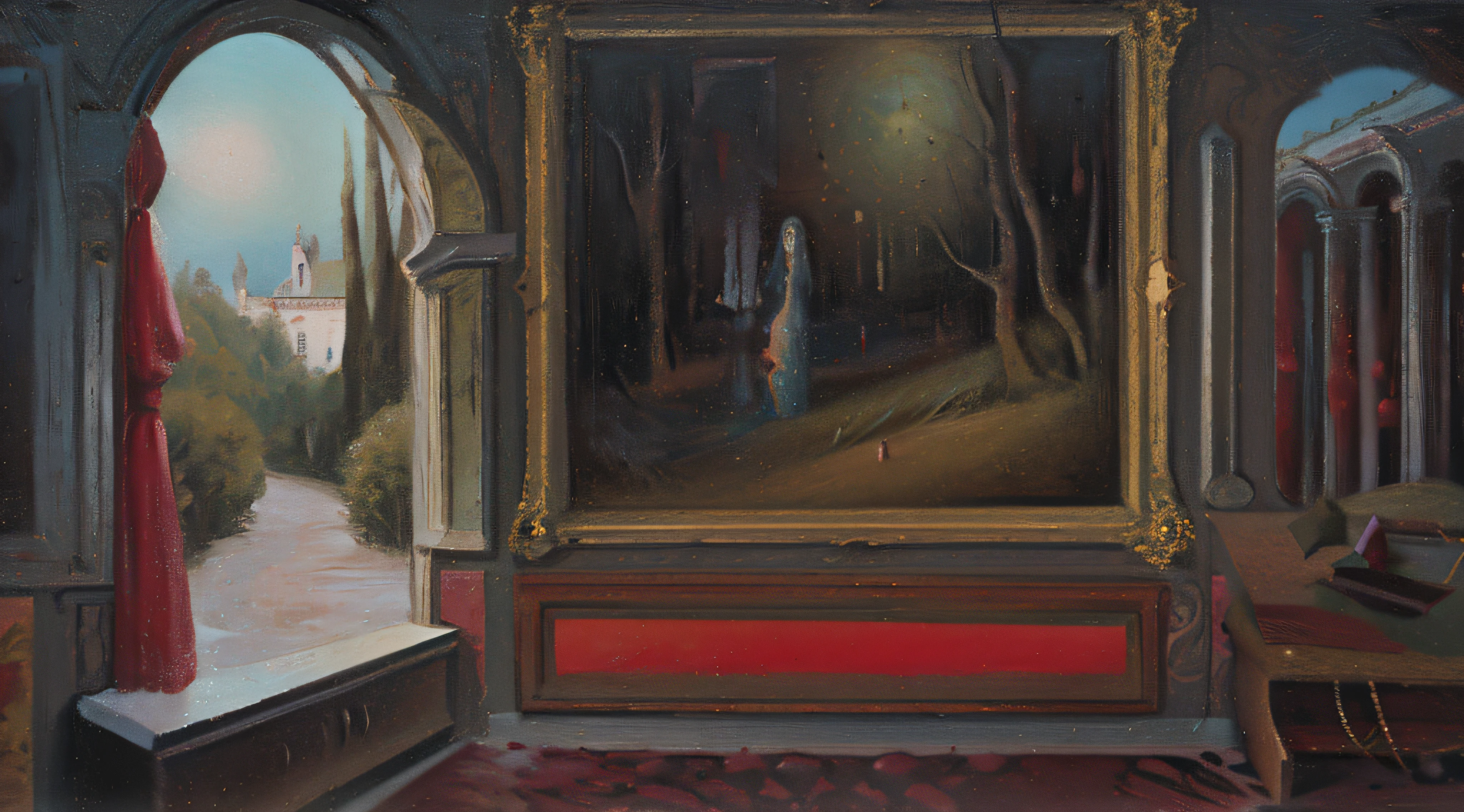 painting of a painting of a landscape with a red curtain, surreal oil on canvas, mystical oil on linen, inspired by Gianfredo Camesi, surrealist landscape painting, surrealist oil painting, painting of a dreamscape, inspired by Gertrude Abercrombie, surreal oil painting, inspired by Jacob de Gheyn II, surrealism oil on canvas, inspired by Giovanni Paolo Pannini