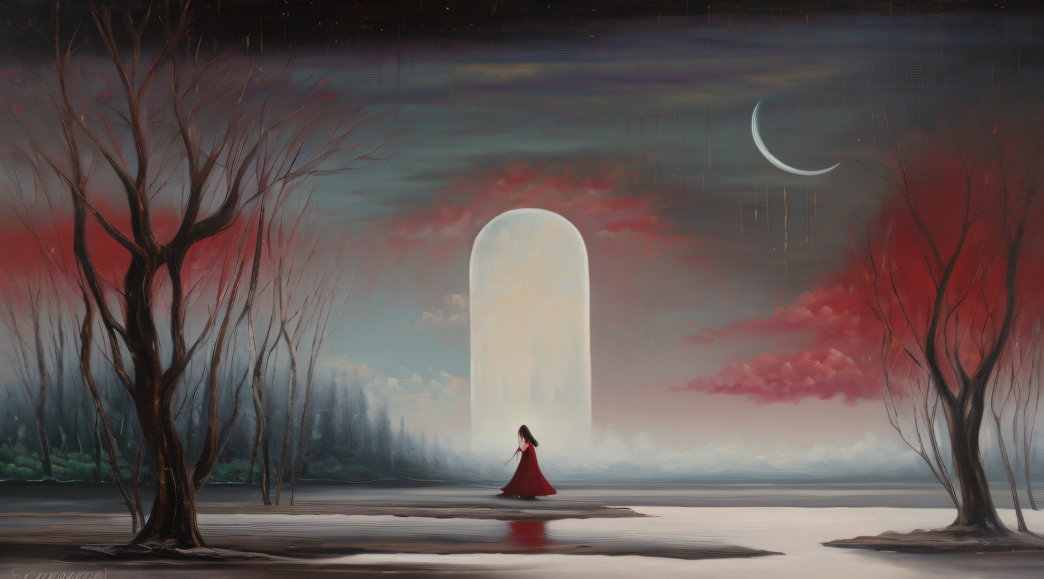 painting of a woman in a red dress walking through a forest, surrealist landscape painting, surreal oil on canvas, surrealist oil painting, mystical oil on linen, atmospheric dreamscape painting, painting of a dreamscape, fantasy oil painting, surreal oil painting, surrealist painting, rennaisance painting, fantasy acrylic on canvas, fantasy oil canvas, dark fantasy oil painting