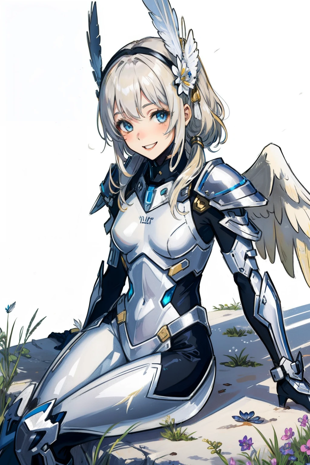 (​master piece, Best Quality),  Intricate details, valkyrie, kawaii, Happy smile, (((Laugh))), Looking at Viewer, Feather Headgear, Flower meadow, Sitting, flat breast, 22year old, white balance, 
1 girl in, Solo, Portrait, long Plutinum Blonde Hair, droopy eyes, Silver Single Thigh, silver Independent Single Sleeve, silver gloves, 
 mecha musume, silver bodysuit, Silver Reinforced Suit, Feather wings, silver pantyhose, silver full armor, flower decoration, equip sword,