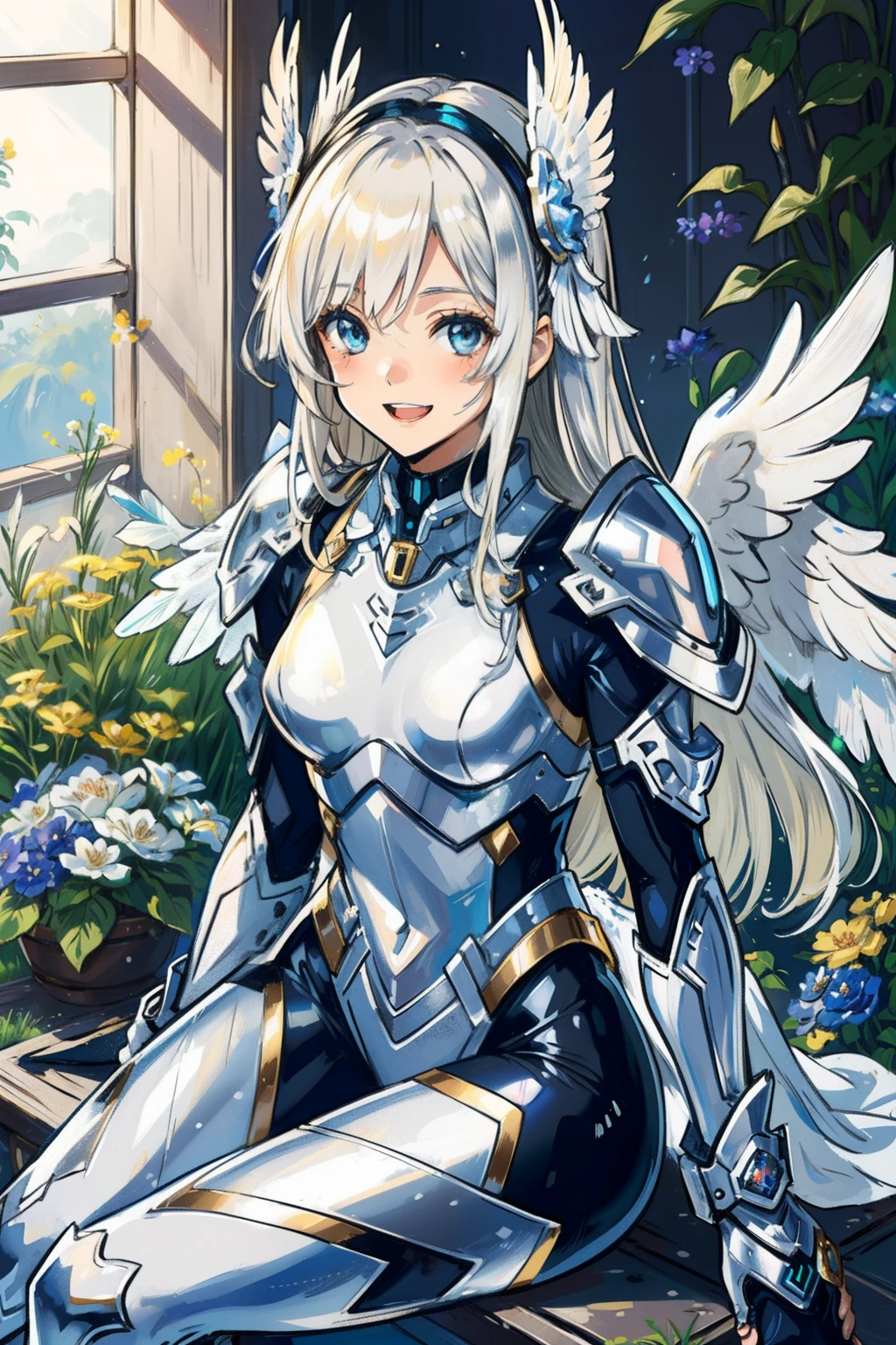 (​master piece, Best Quality),  Intricate details, valkyrie, kawaii, Happy smile, (((Laugh))), Looking at Viewer, Feather Headgear, Flower meadow, Sitting, flat breast, 22year old, white balance, 
1 girl in, Solo, Portrait, long Plutinum Blonde Hair, droopy eyes, Silver Single Thigh, silver Independent Single Sleeve, silver gloves, 
 mecha musume, silver bodysuit, Silver Reinforced Suit, Feather wings, silver pantyhose, silver full armor, flower decoration, equip sword,