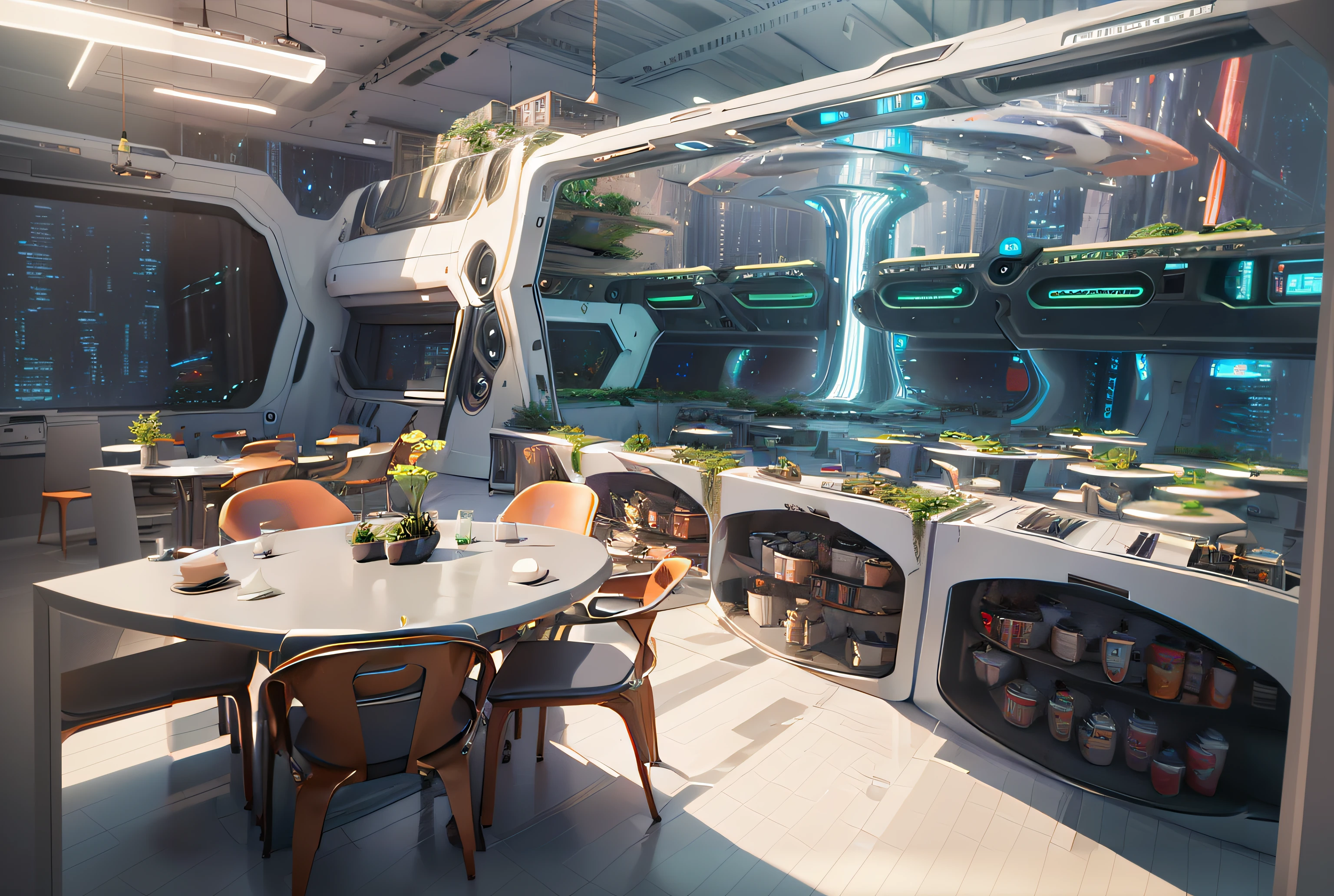 there is a room with a table and chairs and a large window, futuristic setting, sci - fi interior, 8 k high detail concept art, solarpunk cantine, sci - fi environment, futuristic environment, futuristic scientific laboratory, scifi setting, futuristic chemistry lab, scifi environment, futuristic laboratory, futuristic interior, sci-fi setting, sci - fi setting, futuristic base