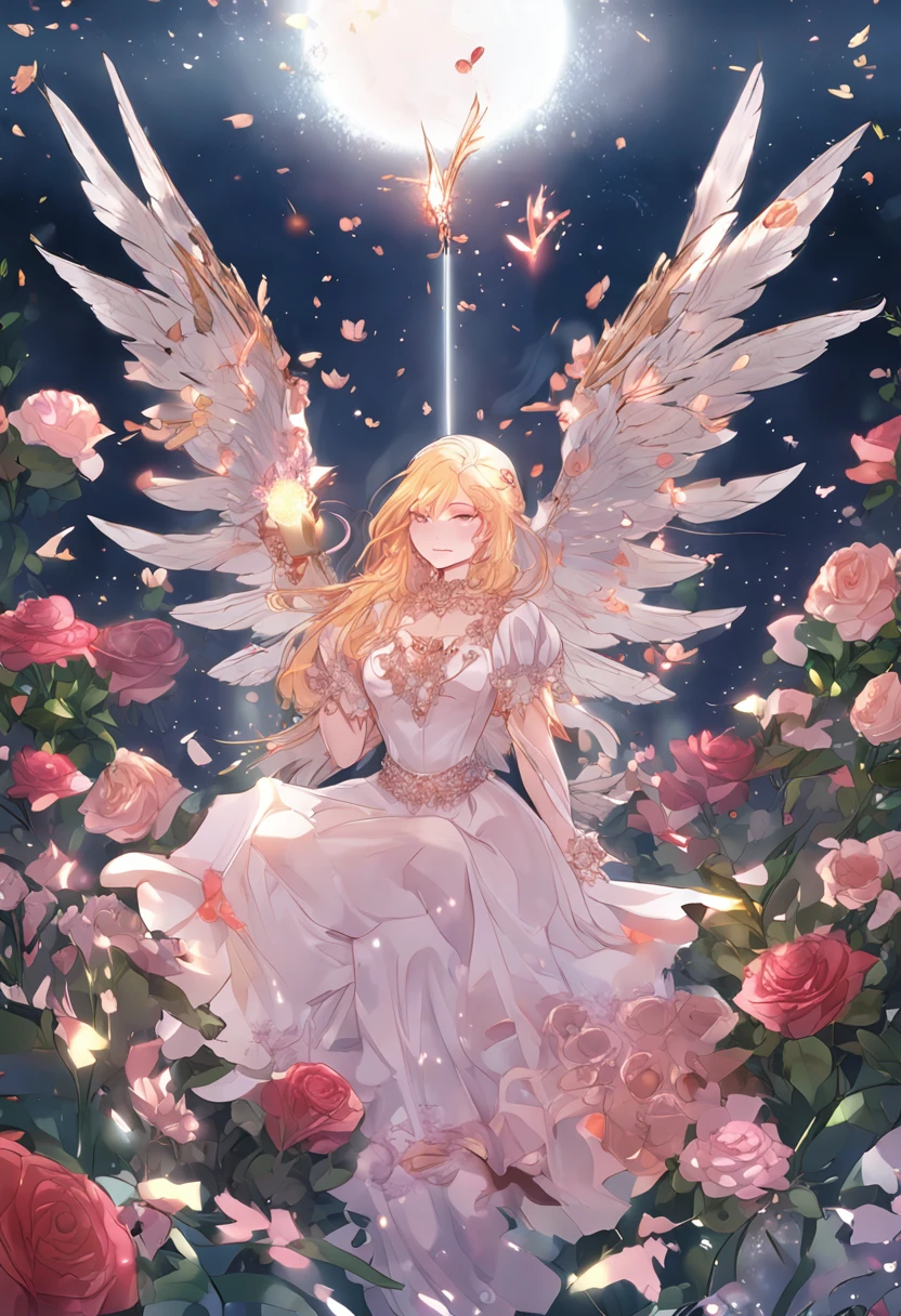 mature_female, YorForger, jewelry, looking at the viewer, hollow, abyss, church, catholic, angel,fairy,universe, glitter, holo, mary, glint, gradient, overlay, shadow, grand, flowers, sparkle flowers, golden hair, (wings), full body, midriff, shirt, red eyes,  hips, navel, sidelocks, golden heels, fog, pink rose, red rose, rosemary, parrot, green wings, water, hair, horns, lips out, galaxy eyes, flowers, garden,nsfw，1girl, girl_on_top