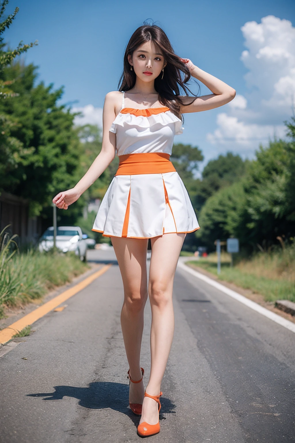 1girll,Full body girl,Large breasts,Summer dress,Brown eyes,Flip the hair,(Long legs:1.2),Pout,red waistband,Huang Songmo,Orange with white Echespo skirt,frilled legwear,Spikes,