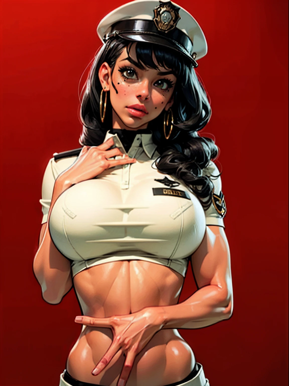 simple background (in women's police uniform and police cap: 1.4), good hand, 4k, high resolution, masterpiece, best quality, head: 1.3, ((Hasselblad photo)), finely detailed skin, clear focus, (cinematic lighting), soft lighting, dynamic angle, [:(detailed face: 1.2):0.2], belly gaze, huge breasts, breasts, (((inside the mansion))), 1girl, jewelry, earrings, orange_sky, solo, mole, long_curly_hair,   mole_under_eye, upper_body, green_eyes, looking_at_viewer, black hair, fashion (head tilt: 1.4), plain background, red background,