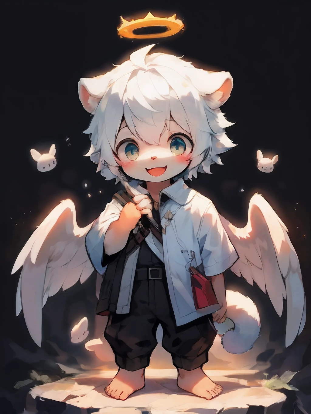 Shota，White color hair ，male people，Q version，（ddlers，ba adolable， standing on your feet， Master masterpieces， A high resolution，8K，detailedbackground，high high quality，Libido boy，（（（独奏））），(Angel wings，angelic halo，White clothes，The barefoot：0.6)，looking at viewert，angle of view，From above，Dreamlike，magical，baiyun，（Warm light source：1.2），upper sky，On the clouds，A happy expression，shorter pants