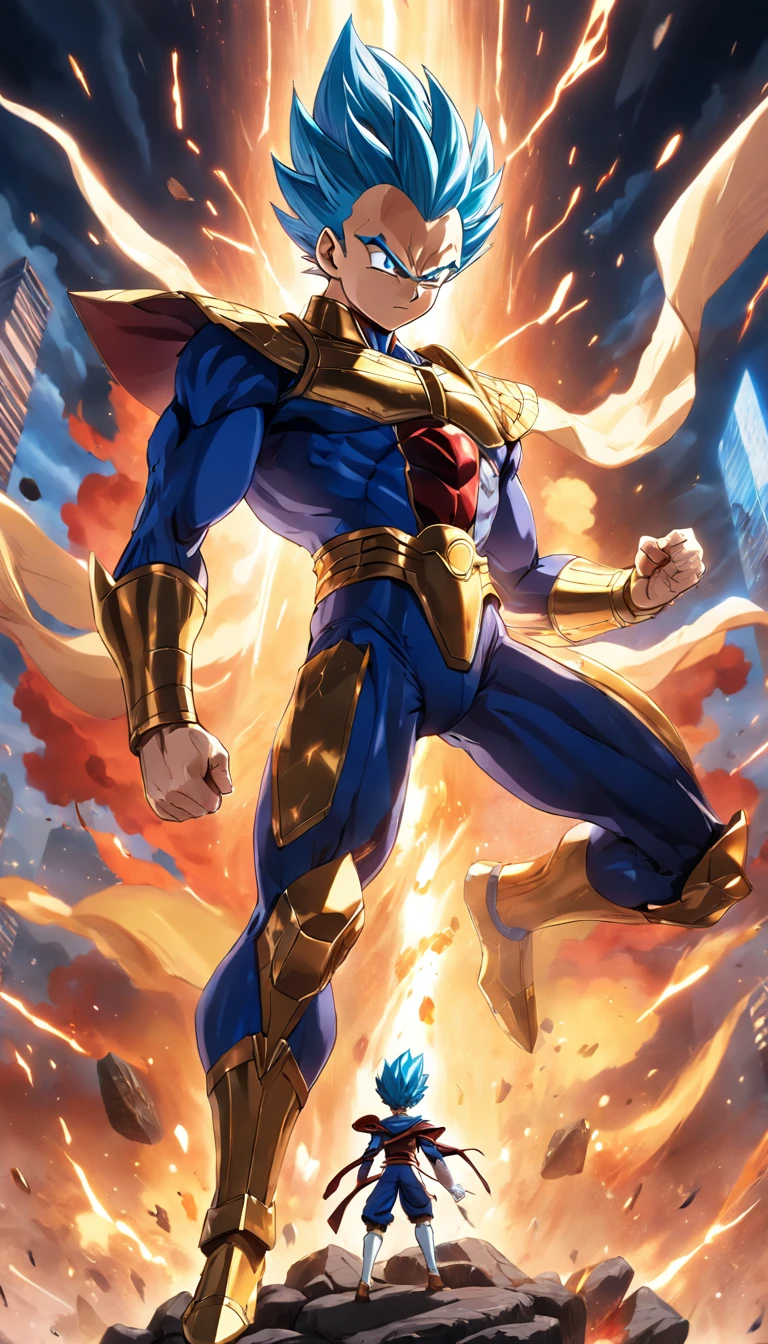 "epic battle scene: Vegeta vs Zeno, dynamic poses, intense energy, explosive power, dramatic lighting, high impact, high resolution, detailed character design"