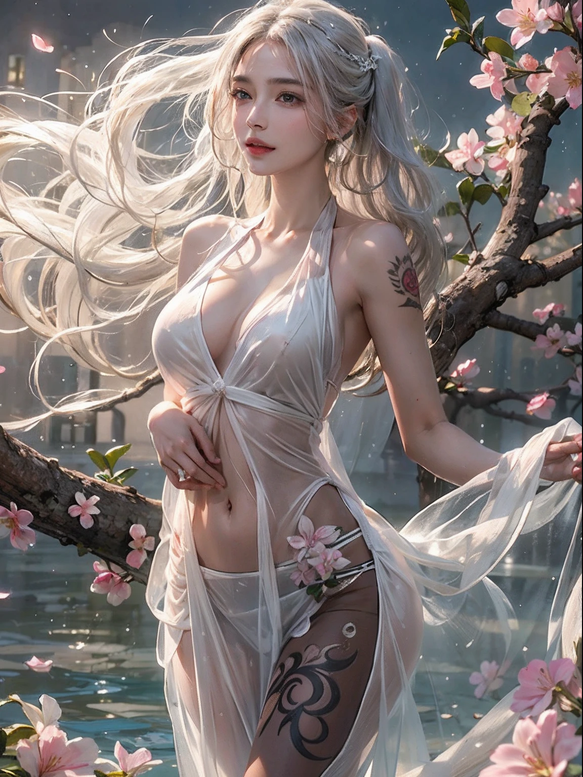 Photorealistic, High resolution, Soft light,1womanl, Solo, hips up high, glistning skin, (Detailed face),The tattoo, Jewelry, Wedding see-through hanf, cherry blossom, Night, White wavy hair, Beautiful Soldier, An eye that invites the viewer, Lover's perspective, inviting expression, Sexy smile, Perfect Style, Perfect balance, Detailed skin, Naughty gaze, Chest visible、see -through、Sheer feeling、Wet skin、Wet hair、Spread hair、Spread Stall、Wet clothes、sodden、See-through Halter neck、See-through gowns、Navel Ejection、the back is open、