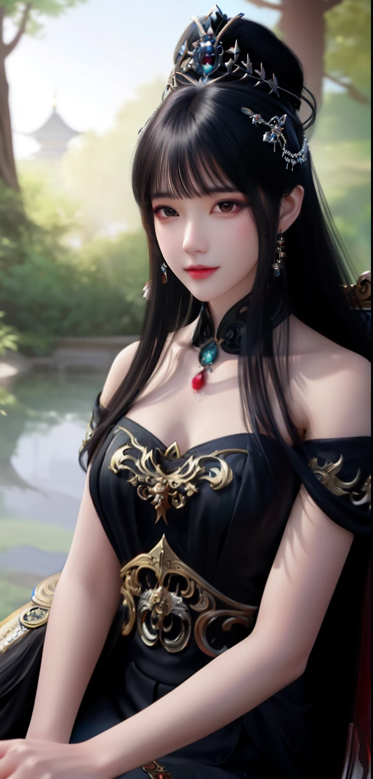 Close-up of a woman in a black dress sitting on a chair, a beautiful fantasy empress, inspired by Du Qiong, by Yang J, Ruan Jia and Artgerm, Inspired by Lan Ying, Beautiful character painting, ((a beautiful fantasy empress)), Fantasy art style, Extremely detailed Artgerm, Anime goddess, inspired by Wu Bin