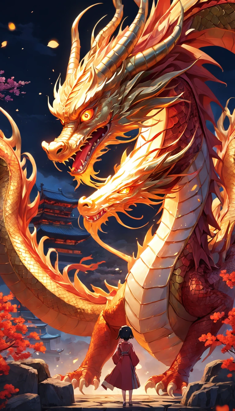 golden dragon of china, Ano novo lunar, flor da primavera, lanterna vermelha, fundo vermelho, extremely high quality, Full HD, Close-up, 2023, ..3d