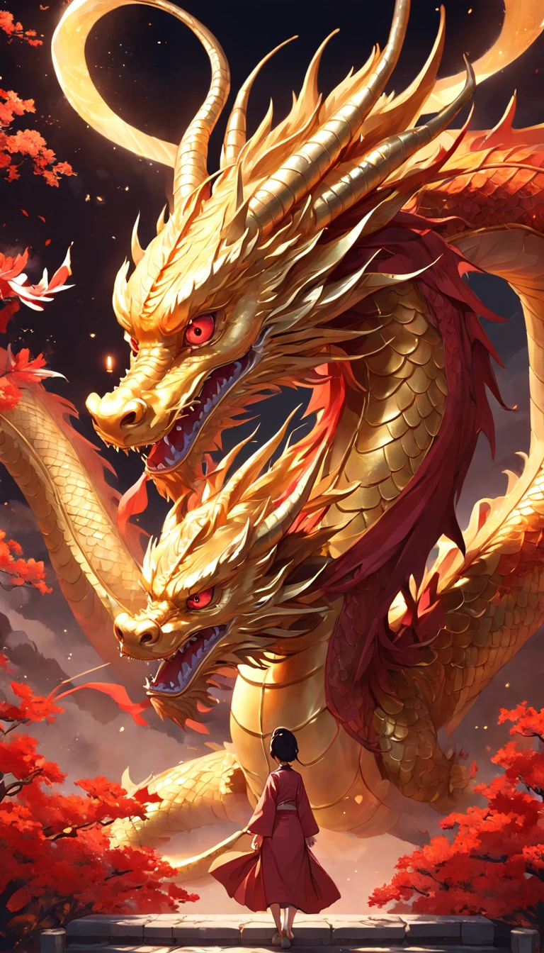 golden dragon of china, Ano novo lunar, flor da primavera, lanterna vermelha, fundo vermelho, extremely high quality, Full HD, Close-up, 2023, ..3d