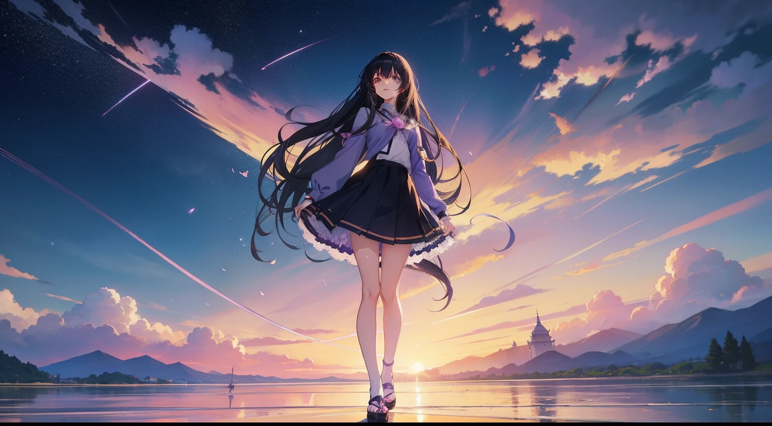 anime style photo of spring vasu, anime girl with long black hair and purple eyes, in a "Your Name" style environment, happy expression, anime 4k, full body view, looking away