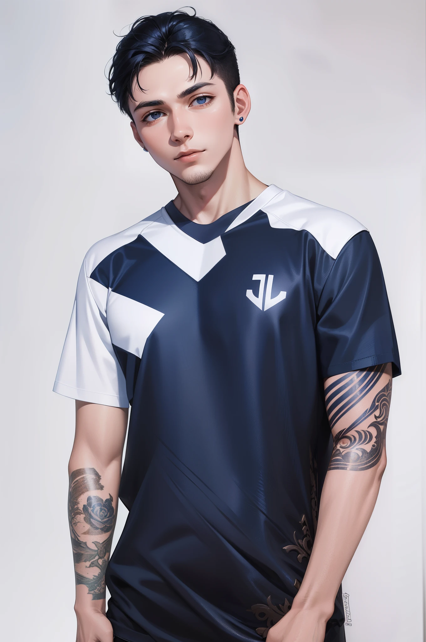 Attractive profile picture, masterpiece, ultra-precise rendering, beautiful and cool young man, dependable young man, savior of the world, simple design, most beautiful image, 4K, blue black hair, sixpack body, sleeve tattoo, v neck jersey, cross earrings