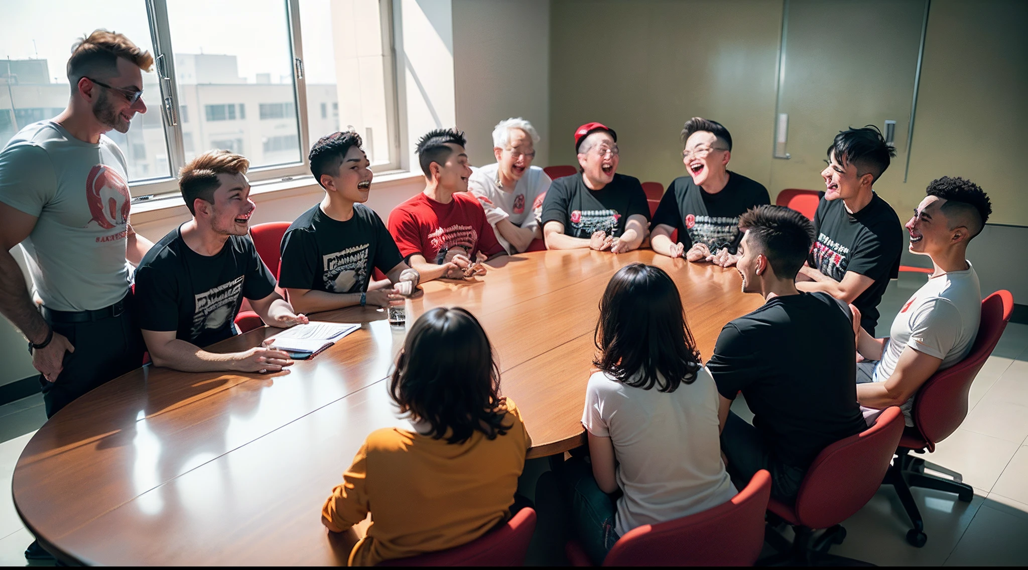 10 middle-aged boys,2 young girls,Wear a T-shirt,In the conference room,Sit around a long oval table in crimson,Meeting,Celebrate the adoption of the debriefing,Happy mood,high qulity