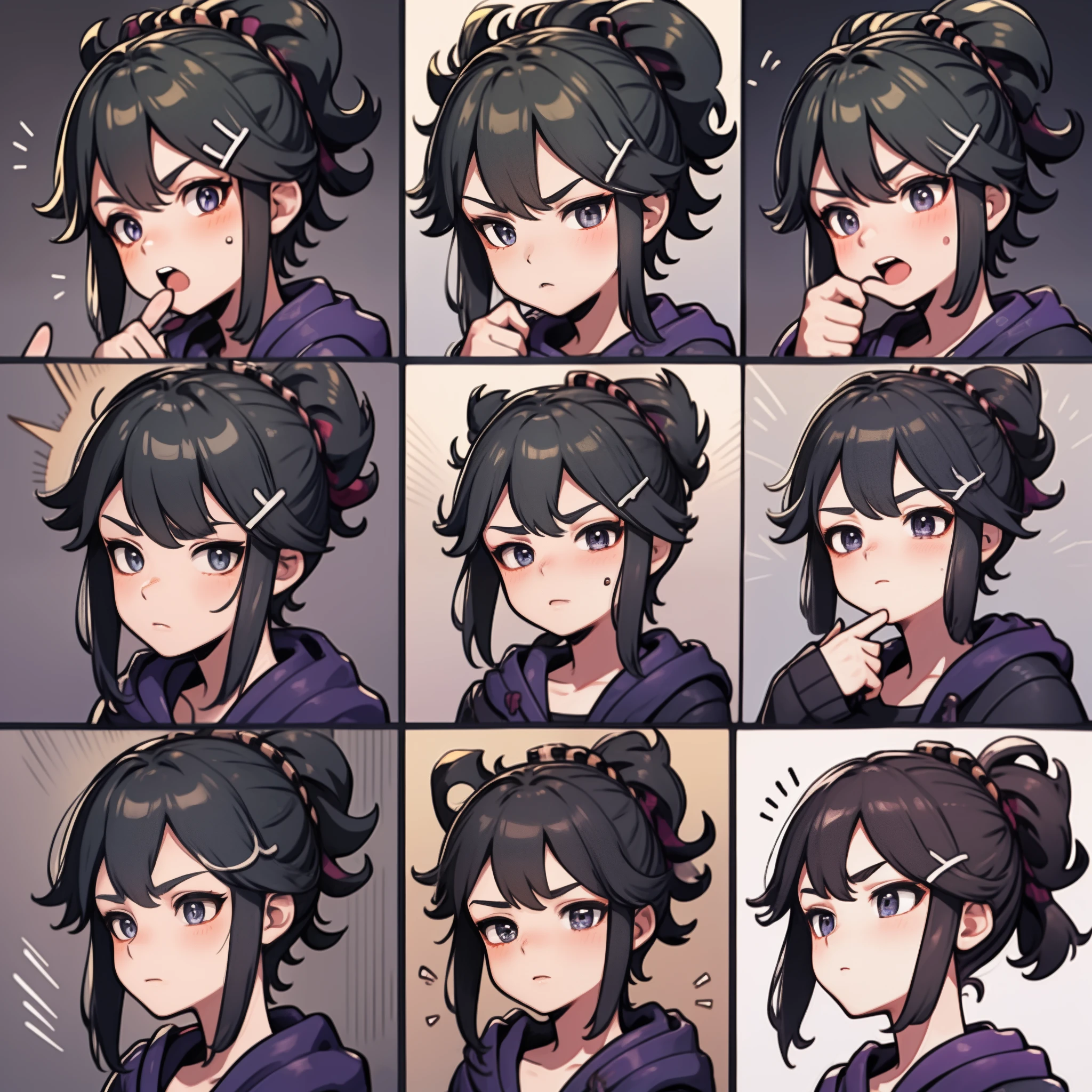 1girll, Cloend, Purple eyes, Blue hair,9 grids,3*3 grids,9 emoji packs,9 poses and expressions,Disney style,Black strokes,Different emotions,8K