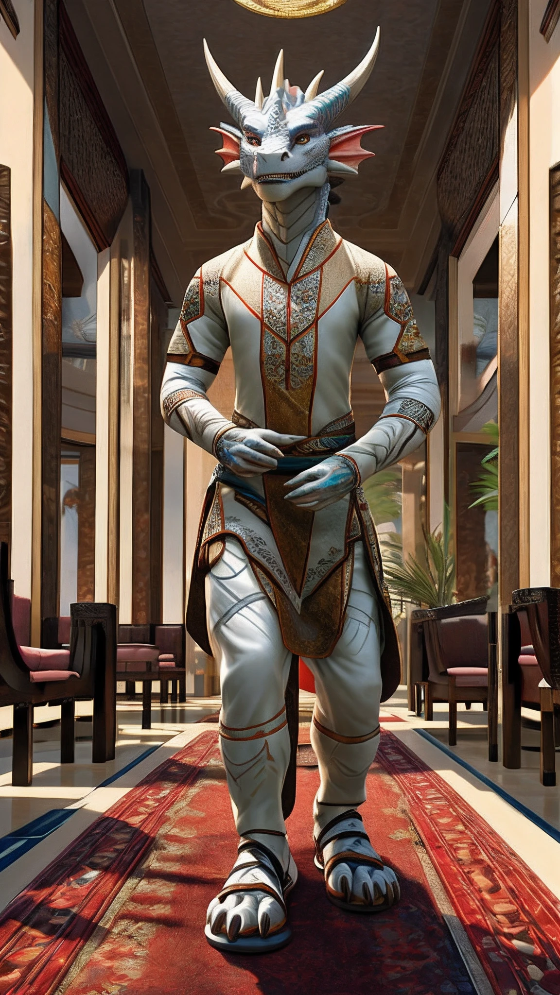 Bionic dragon，female，White Hanfu，sandals，anthor，Children，Standing on the carpet in the hotel，HD graphics，Detailed and realistic，high detal，high qulity，photo-realistic，photorealistic eye，Detailed paws，Clear eyes，Masterpiece artwork，Five-fingered hands，top-quality，32k，hyper HD