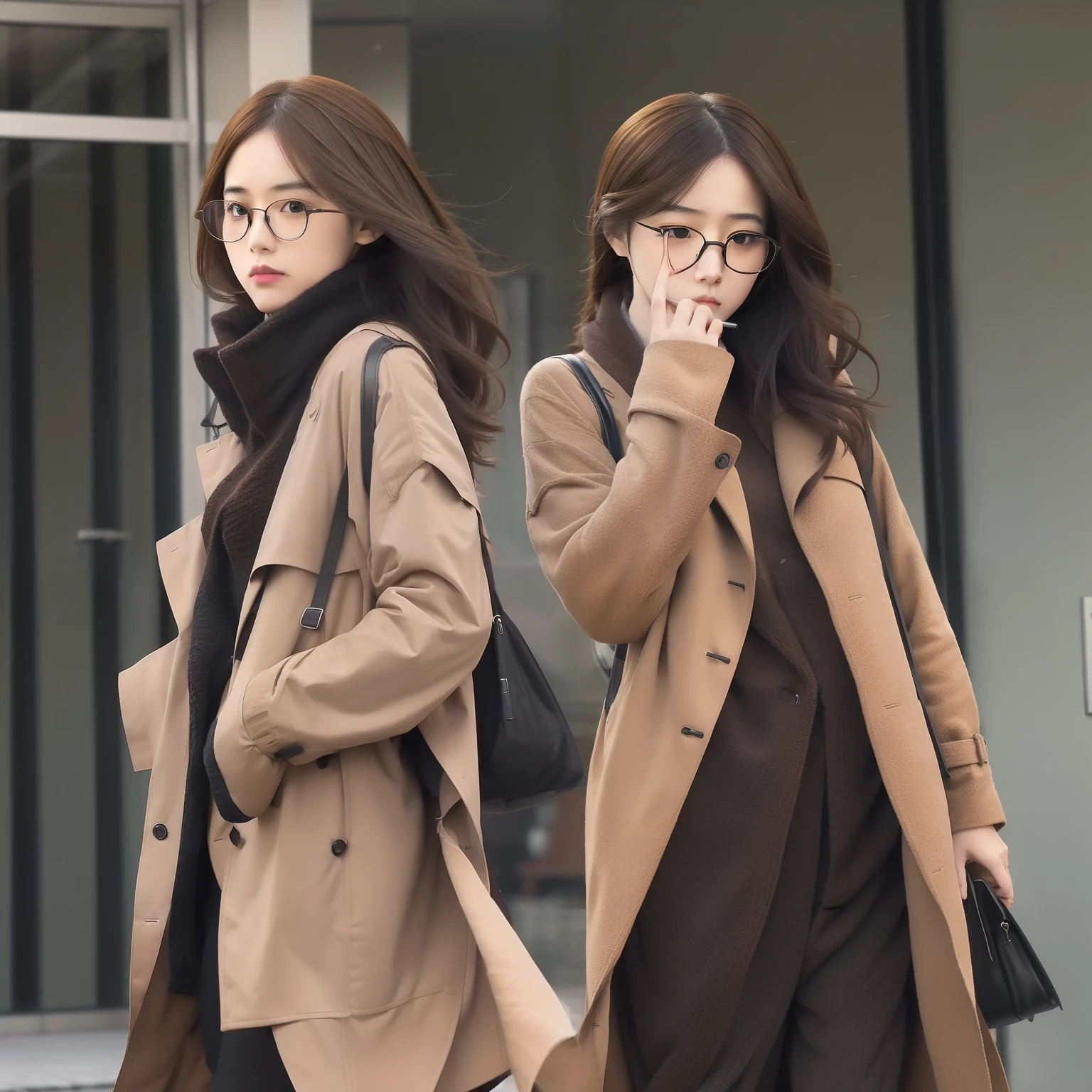 anime girl in a trench coat smoking a cigarette, he is wearing a brown trenchcoat, ( ( wearing a brown long coat ) ), he is wearing a black trenchcoat, as an anime character, detective clothes, detective coat, glasses, black eyes, fair skin, anime character, kentaro miura manga art style