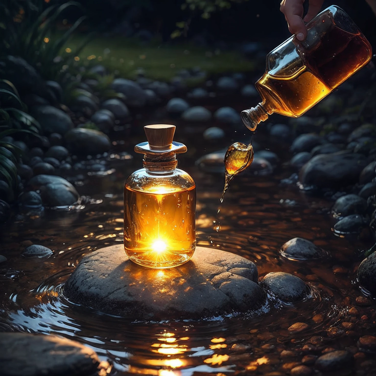 A bottle of perfume on a stone by the stream,In the creek,In a blurred background,A red-haired woman came out of the water。Wet pubic hair,Long wet hair fluttering,Beautiful sunset under the sunset,Fallen,Endless splashes of golden splashes。Light from the sun illuminates the bottle from behind,Increased effect on the liquid in the bottle。