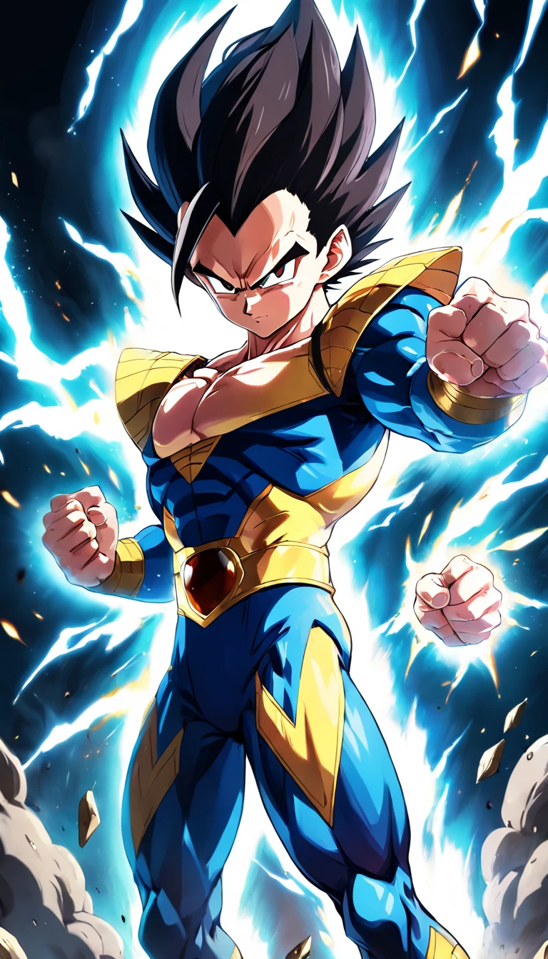 A powerful and determined Vegeta unleashing his full potential, showcasing his fierce fighting spirit and intense energy.