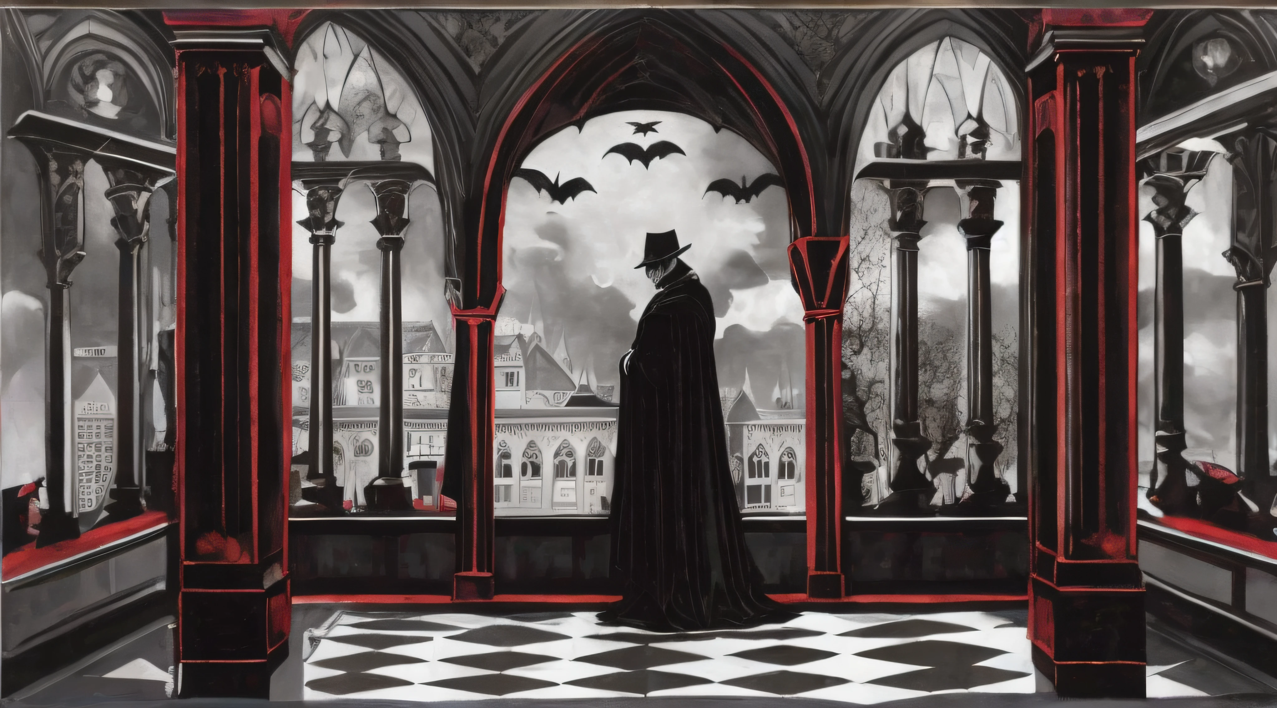 arafed image of a gothic gothic castle with a black and white floor, gothic atmosphere, count dracula, dark robed, gothic background, cloaked dark night, vampre the masquerade, he is traversing a shadowy city, mysterious man, inspired by Edward Wadsworth, gotham, sinister atmosphere, jack the ripper, dark city, by Thomas Dalziel