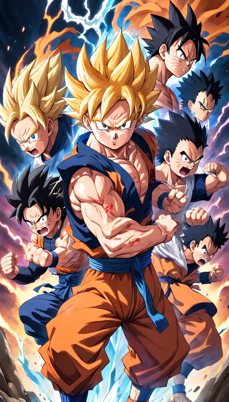 "Goku, Naruto, Vegeta, Sasuke, Baki, Gohan, and Luffy in an epic crossover battle, showcasing their unique powers and fighting styles."