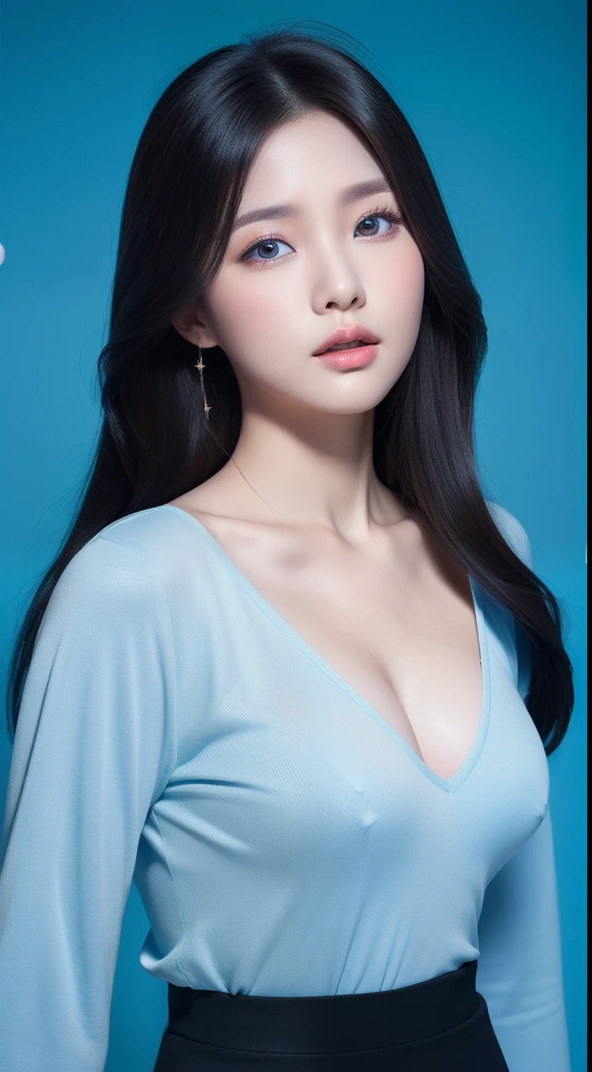 realistic photos of 1 cute Korean star, straight hair , white skin, thin makeup, 32 inch breasts size, wearing blue v-neck long sleeves shirt, black skirt, balloon is backdrop, close-up portrait, UHD