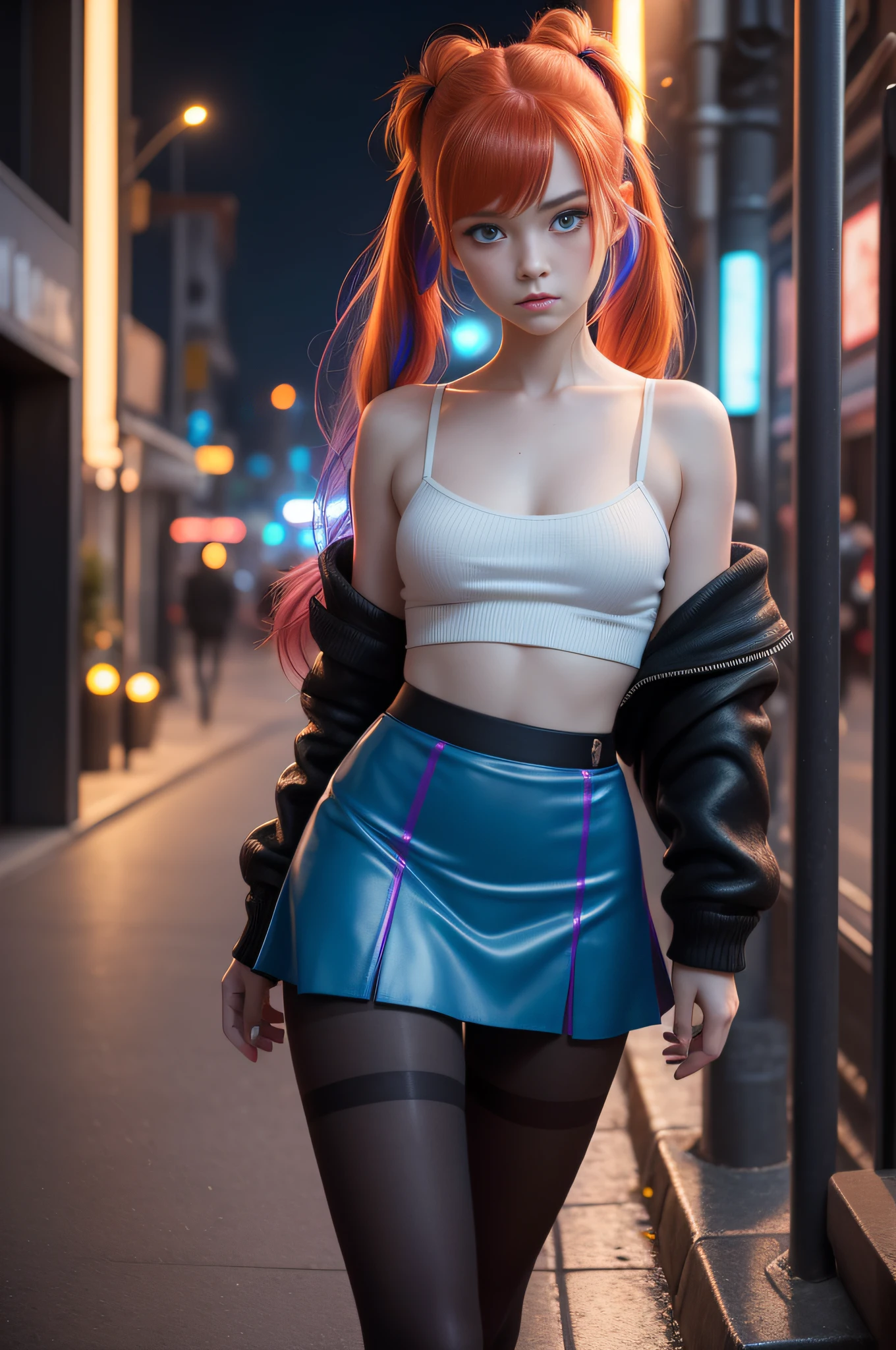 1 girl, solo, (nsfw), cute redhead 18-year-old girl in twin tails, ((perfect female body)), (cute face make up), multiple (rainbow colored hair: 1.2), (beautiful detailed blue eyes: 1.6), (photo realistic eyes: 1.6), happy, Ukrainian, (petite body), ((small hips)), pale white skin, (mini skirt and tube top), (matte pantyhose: 1.6), (("futuristic city" style background)), (night time:1.2), photo realistic.