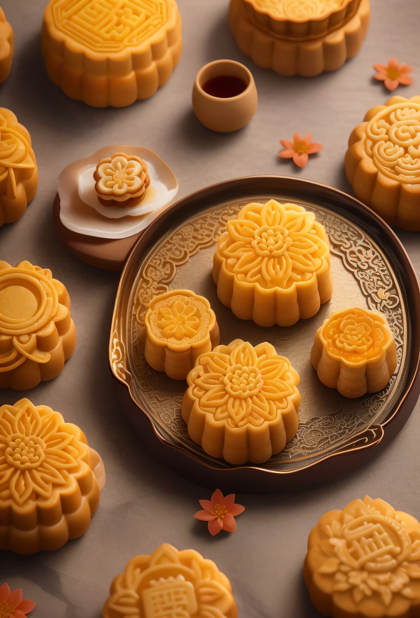 a close up of a plate of moon cakes on a table, trending ，, traditional chinese, by Arthur Pan, chinese, lotus, shutterstock, yummy, istock, caramel, oriental, luscious with sesame seeds, bao pnan, beautiful sunny day, silver, hong kong, recipe, traditional chinese textures, inspired by Tang Di, joy, inspired by Pu Hua