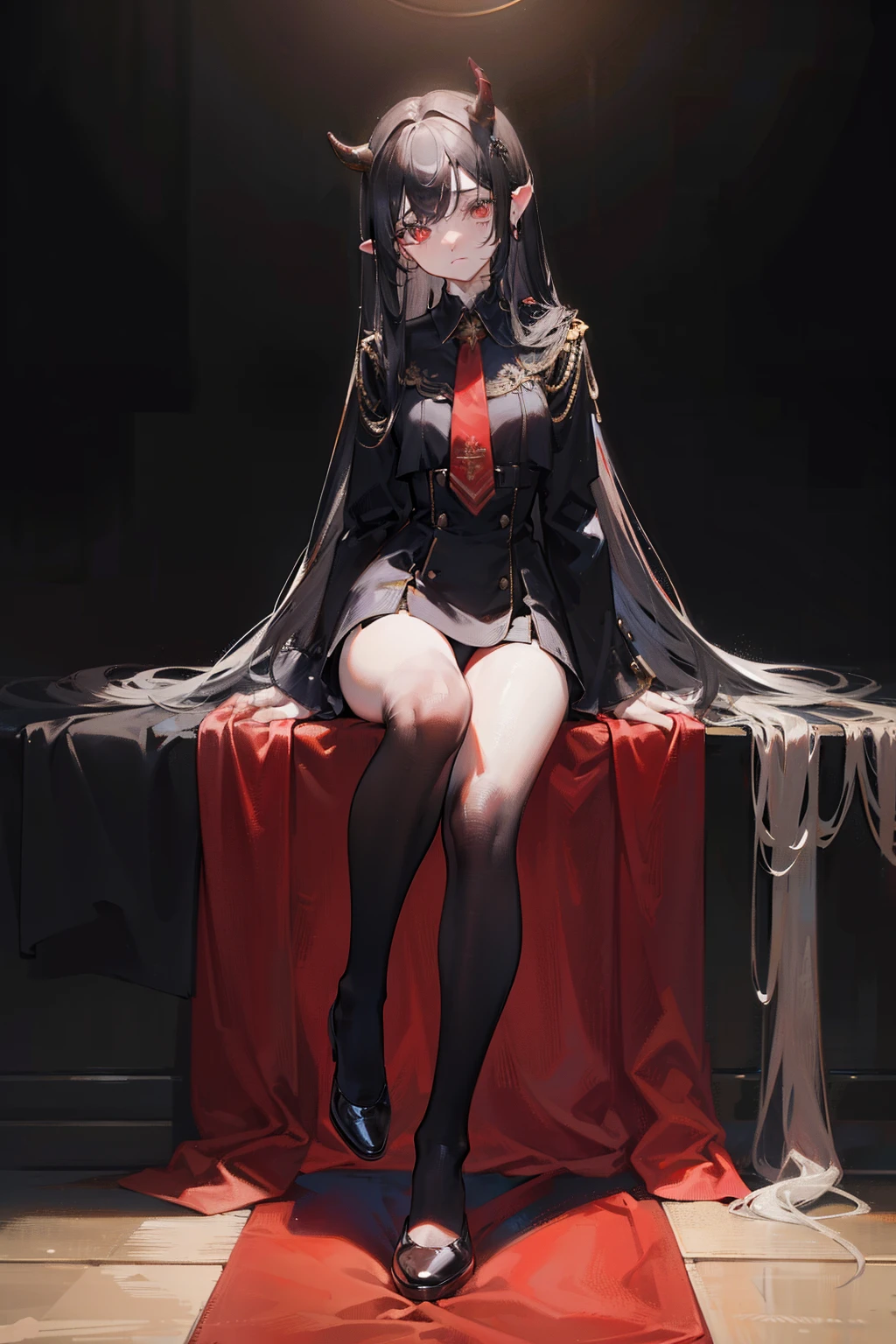 Illustration, UHD, retina, masterpiece, accurate, anatomically correct, super detail, high details, high quality, award winning, best quality, highres, good anatomy, 1080P, HD, 4K, 8k, 16k, 1girl, dynamic pose, androgynous, full body, detailed eyes, detailed clothes, detailed hair, rendering, 2 hands, 5 fingers, 2 legs, sitting on the floor, spotlight on girl, crying, very long black hair, bangs, very long locks, red eyes, wearing a black suit, wearing knee length puffy thin shorts, wearing black shoes, red socks, devil horns, wearing a red tie, yellow pin in haur