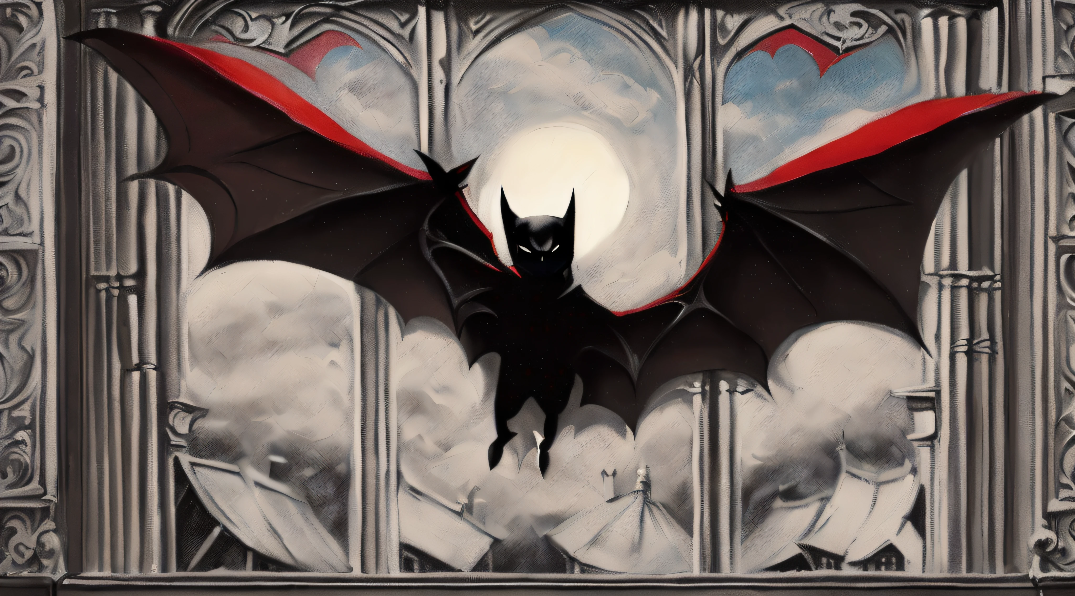 there is a bat flying in the sky through a window, bat wings, batwings, anigirl batman, bat, bruce timm and vladimir kush, batman beyond, detailed 3d gothic oil painting, bats splash painting, gotham, batman, batwoman, flying over dark gotham, bats pop art, inspired by Alex Ross, bats, inspired by Guillermo del Toro