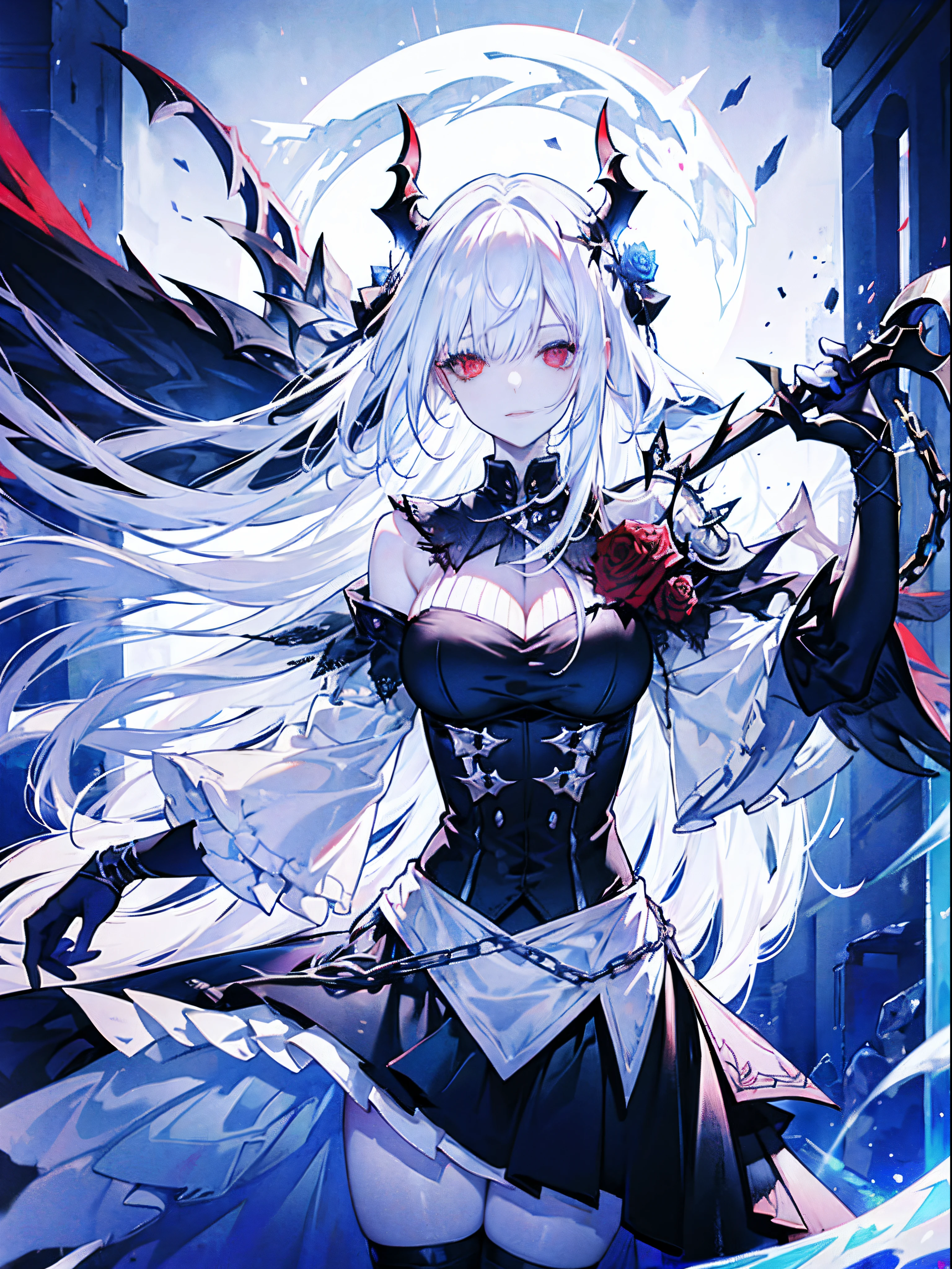 Evil white-haired demon, Chain scythe, Sexy Outfit, Heterochromia eye, Black, Red Moon and Blue Roses, Fantasy background