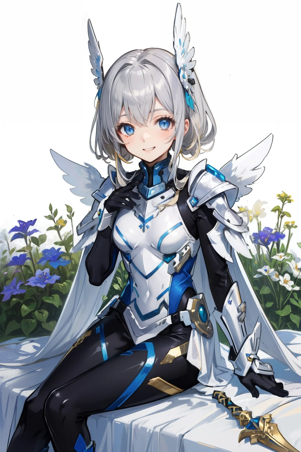 (​master piece, Best Quality),  Intricate details, valkyrie, kawaii, Happy smile, (((Laugh))), Looking at Viewer, hand up, Feather Headgear, Flower meadow, Sitting, flat breast, 22year old, white balance, 
1 girl in, Solo, Portrait, long Plutinum Blonde Hair, droopy eyes, Silver Single Thigh, silver Independent Single Sleeve, silver gloves, 
 mecha musume, silver bodysuit, Silver Reinforced Suit, Feather wings, fold one's wings, silver pantyhose, silver full armor, flower decoration, equip sword,