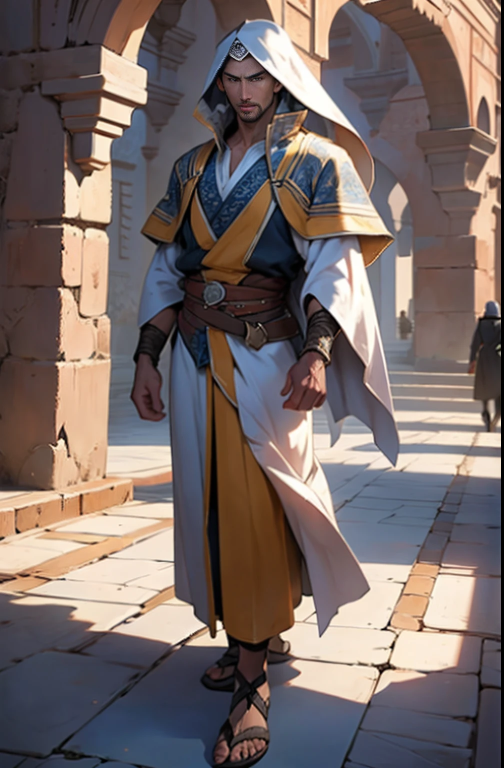 Castlevania Shadow Lord hyper realistic super detailed Dynamic shot masterpiece super detailed Moroccan characters Wear traditional Moroccan clothes in an architecture Moroccan medieval environment super detailed hyper realistic extremely detailed cinematic movie scenes Epic Legendary perspective environment 7 characters in the scene