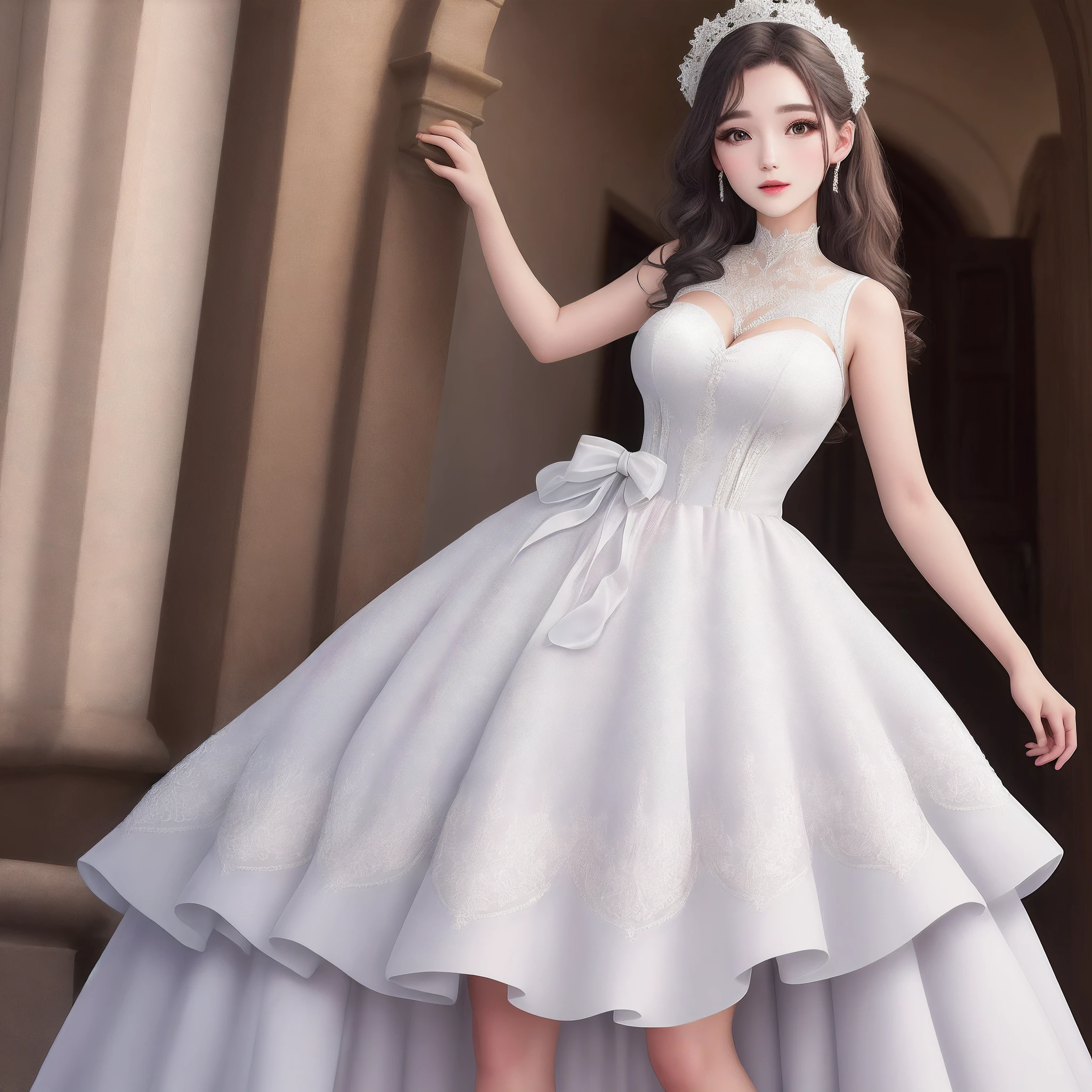 Imagem realista de vestido em cetim cor branco, seda, decorado com diamantes
