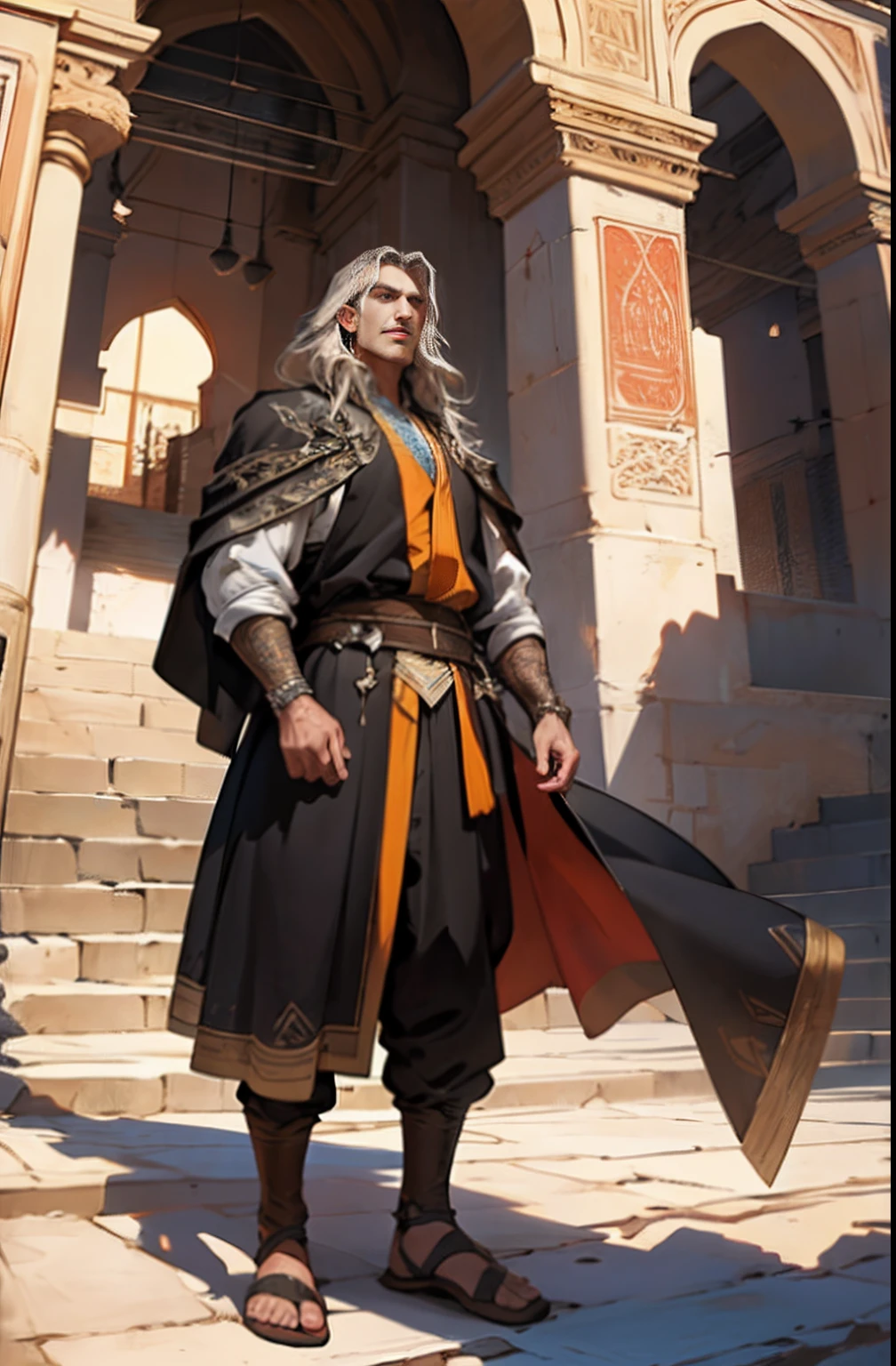 Castlevania Shadow Lord hyper realistic super detailed Dynamic shot masterpiece super detailed Moroccan characters Wear traditional Moroccan clothes in an architecture Moroccan medieval environment super detailed hyper realistic extremely detailed cinematic movie scenes Epic Legendary perspective environment 7 characters in the scene