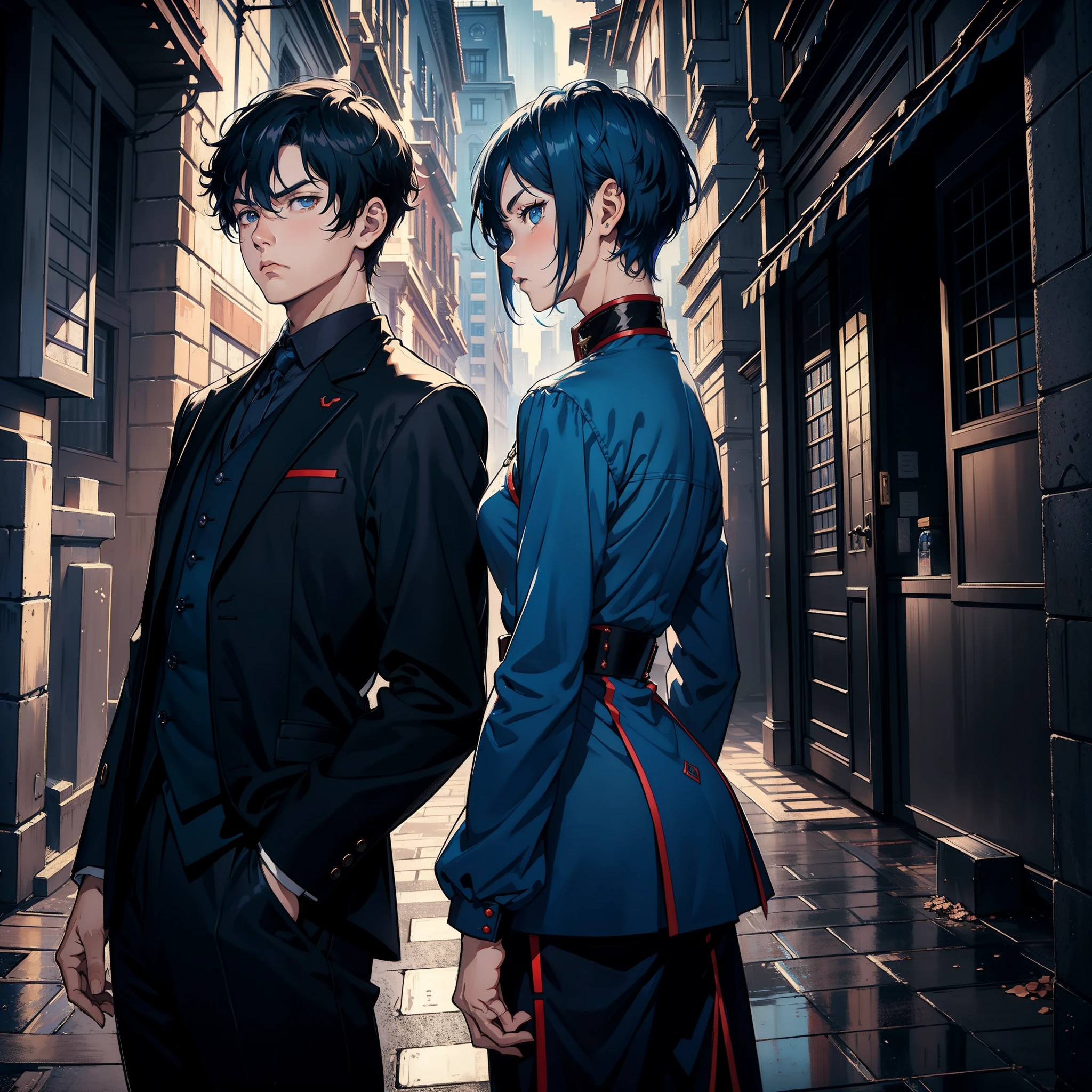 tmasterpiece,offcial art,8K,tmasterpiece,The best quality,The is very detailed,A young couple,Boy short blue hair,The expression is disdainful,Standing back-to-back,His face was filled with anger and disappointment。Intense atmosphere,Some people have curious expressions,