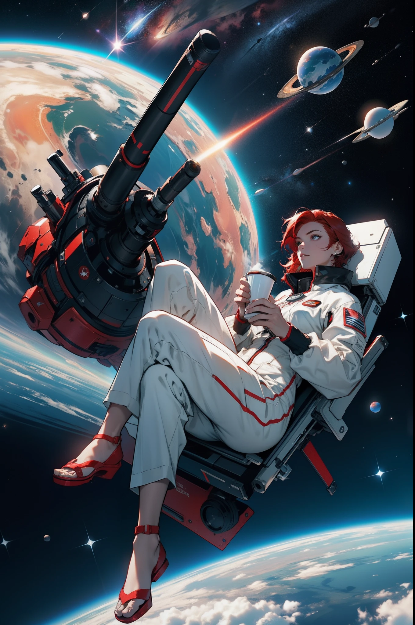 A red-haired beauty in a black spacesuit is floating in outer space drinking a cup of coffee　Multiple planets floating　Red hair shortcut　Multiple spaceships floating