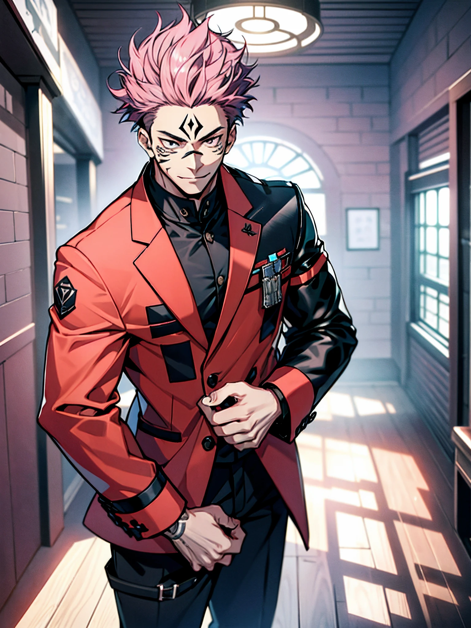 (tmasterpiece, best qualityer: 1.2), Solo, malefocus, 1boy, sukuna, tattoo_On_his_face, male, full bodyesbian, Black leather jacket, A pink-haired, cow boy shot,  8K, super detailing, hands in a pocket, tightsuit,inside the house，