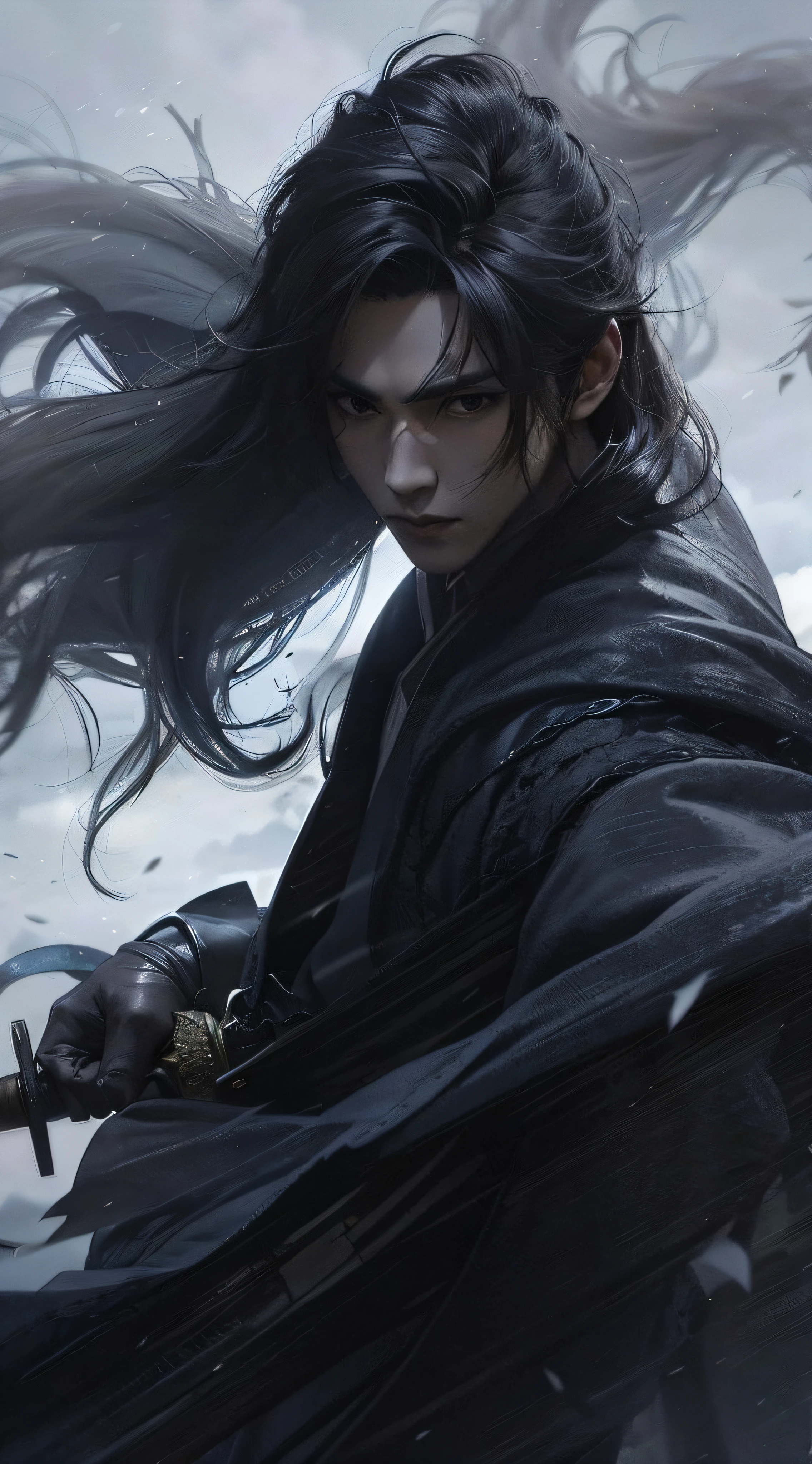 A warrior,long way hair,Hanfu,Robe,Sword,Handsome face shape,Lifelike:1.2