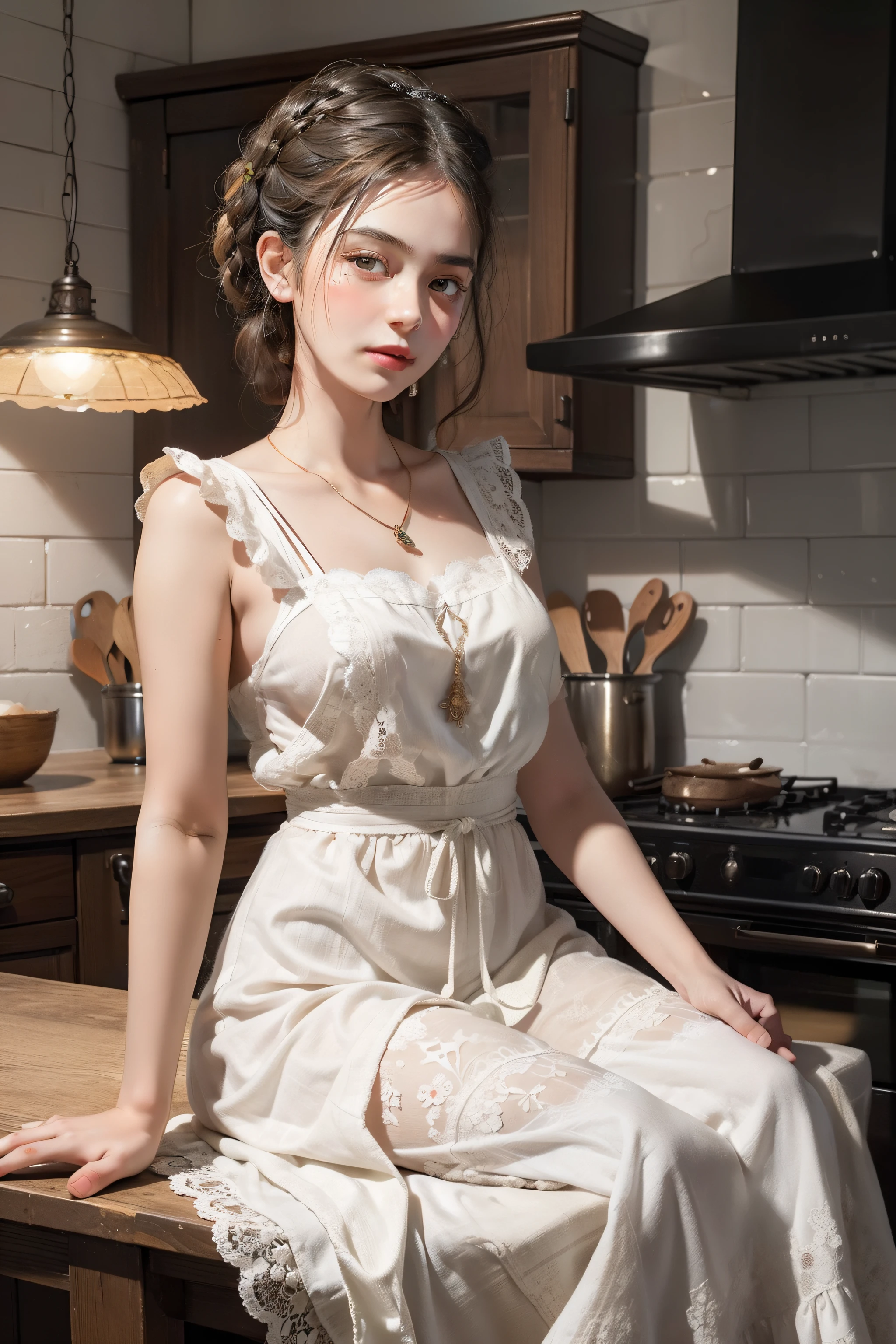 Beautiful lady, gracefully adorned in a lace apron, within a cozy and inviting kitchen setting, surrounded by gleaming countertops and a rustic farmhouse table, illuminated by the soft ambiance of pendant lamps, channeling the artistic flair of Frida Kahlo, Surrealism with a touch of homely charm, brought to life through digital collage techniques, portrait, a harmonious blend of warm oranges, earthy browns, and creamy whites, intertwining whimsical elements with delicate lace textures, resonating with creativity and an appreciation for tradition