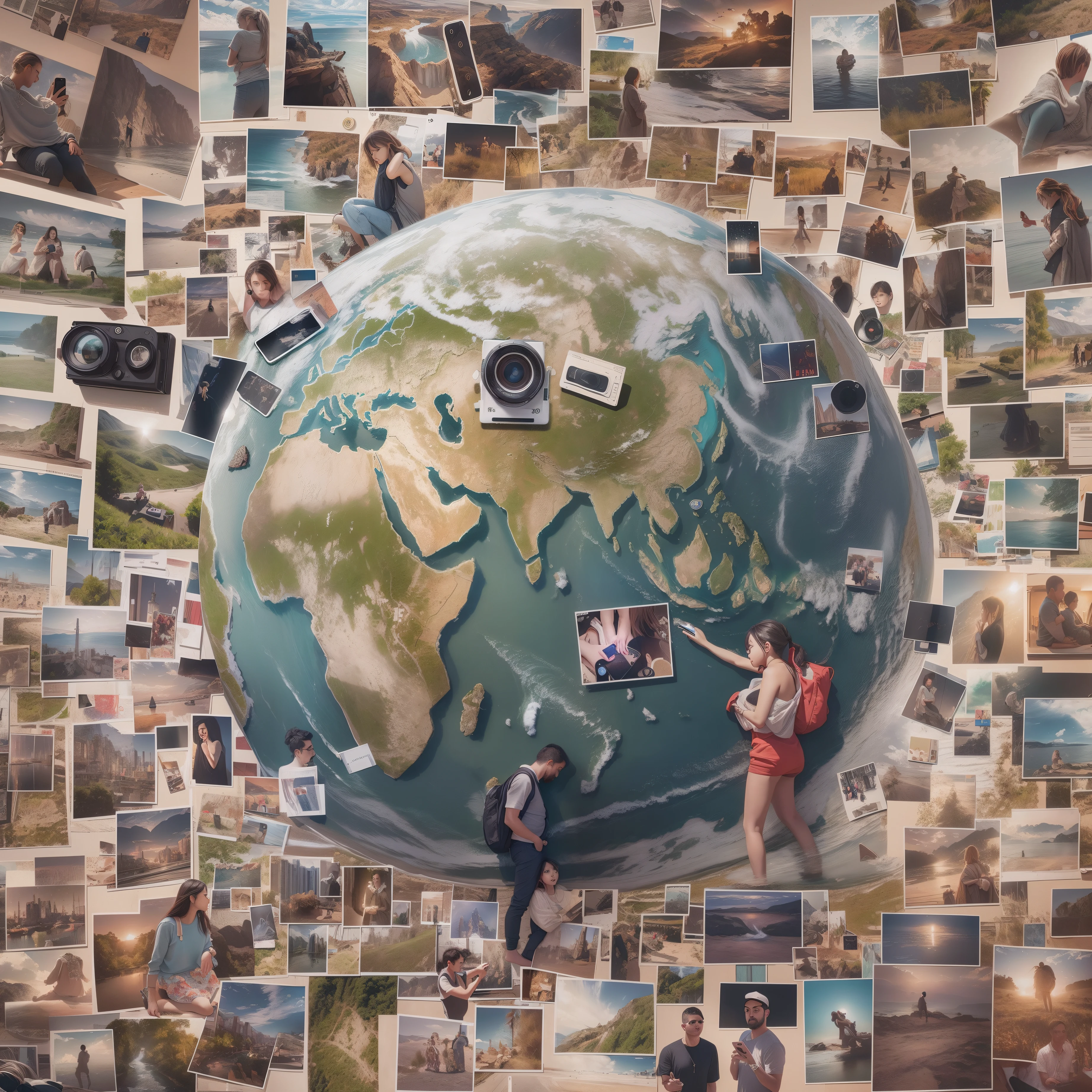 Combining icons representing modern people with smartphone addiction, the earth, moments, and cameras to visually express the theme with high resolution and high quality, this is the largest work of art of the century, and a cinematic scene that instantly fascinates the world, photorealistic,