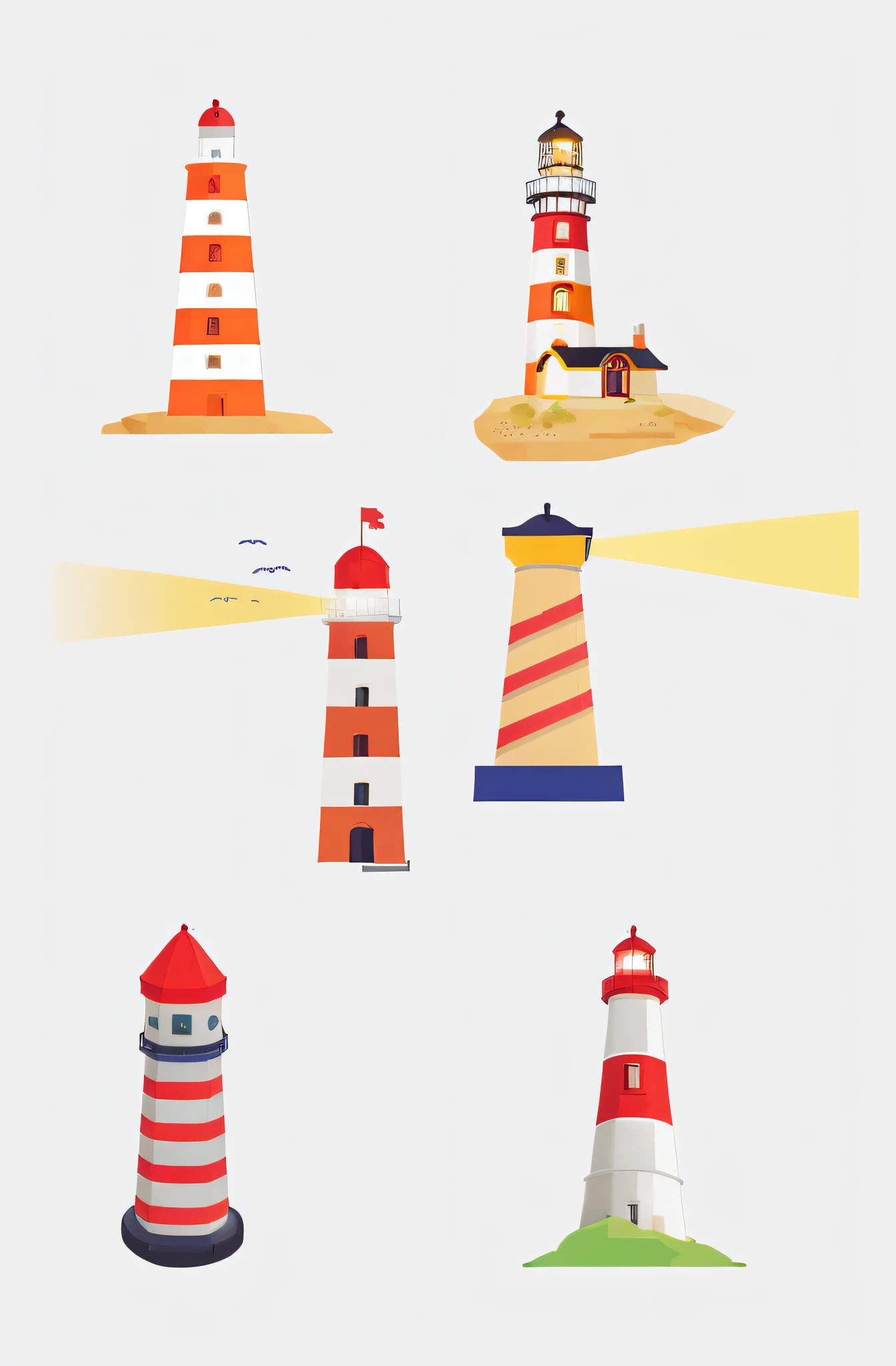 A close-up of a set of lighthouses in different colors, lighthouse, lighthouse, Barra Lighthouse, searchlight, game icon asset, Flat illustration, Single point light, high quality illustration, lighthouse in the desert, best on adobe stock, Three lights, low polygons illustration, minimalistic illustration, Simple and clean illustration, multiple lighting sources