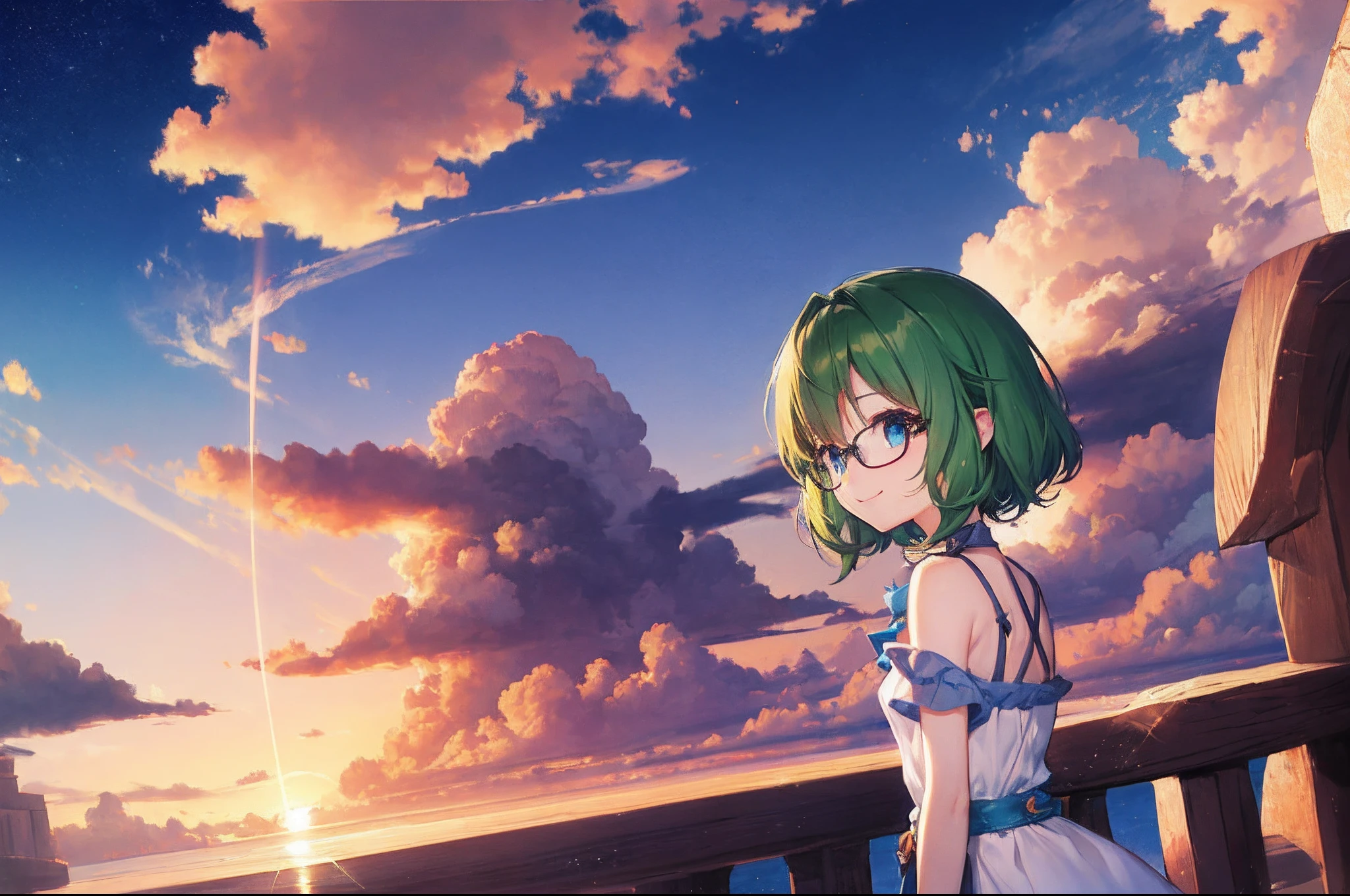 (Fantastic, Magic World):1,2, (Colorful flowing clouds, the twilight, sunset, magic hour, horizon, Scenic center):1.4, 1 cute girl, small stature, tiny, kawaii, short ruffled dress, thin bolero, pale green hair, short hair, out the forehead, red-rimmed glasses, deep blue eyes, round eyes, smile, Delicately drawn hair, beautifully shining eyes, happy, highly detailed CG, ultra detail background, Best quality, masterpiece, Photographed from a distance, aerial view,