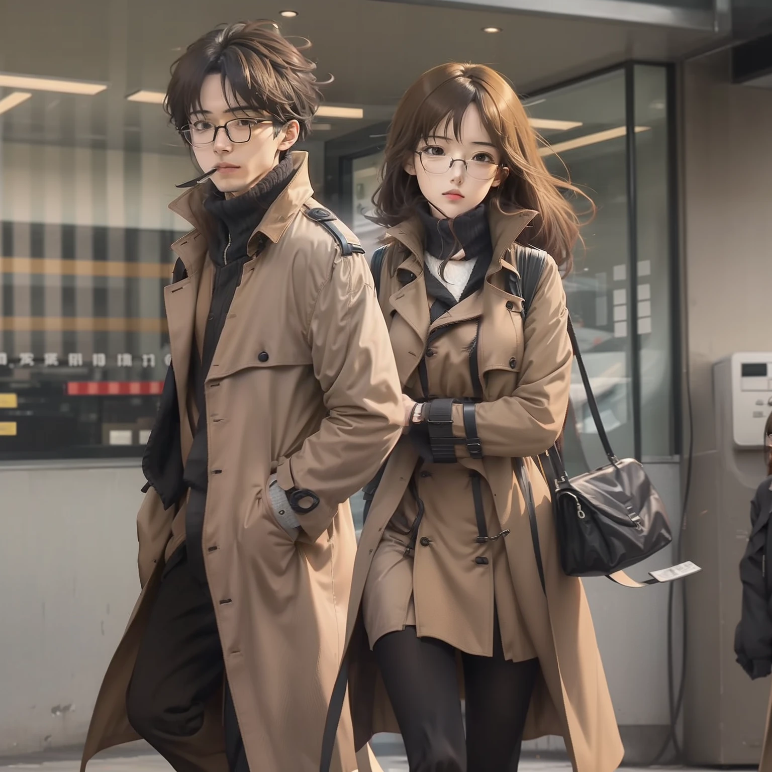 1girl, solo, anime girl in a trench coat smoking a cigarette, he is wearing a brown trenchcoat, ( ( wearing a brown long coat ) ), he is wearing a black trenchcoat, as an anime character, detective clothes, detective coat, glasses, black eyes, fair skin, anime character, kentaro miura manga art style, stand