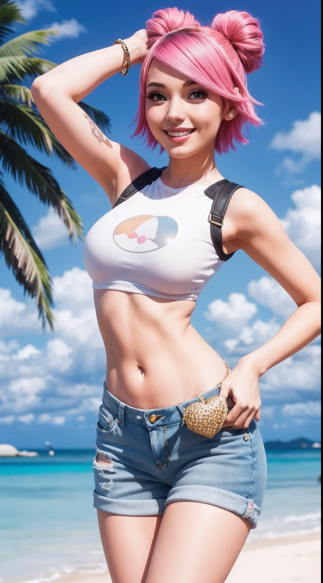 A young woman with vibrant pink hair, striking a graceful and feminine pose is on a tropical island, happy, closed lip smile, petite, hourglass figure, wearing a cropped white shirt and booty short jeans.