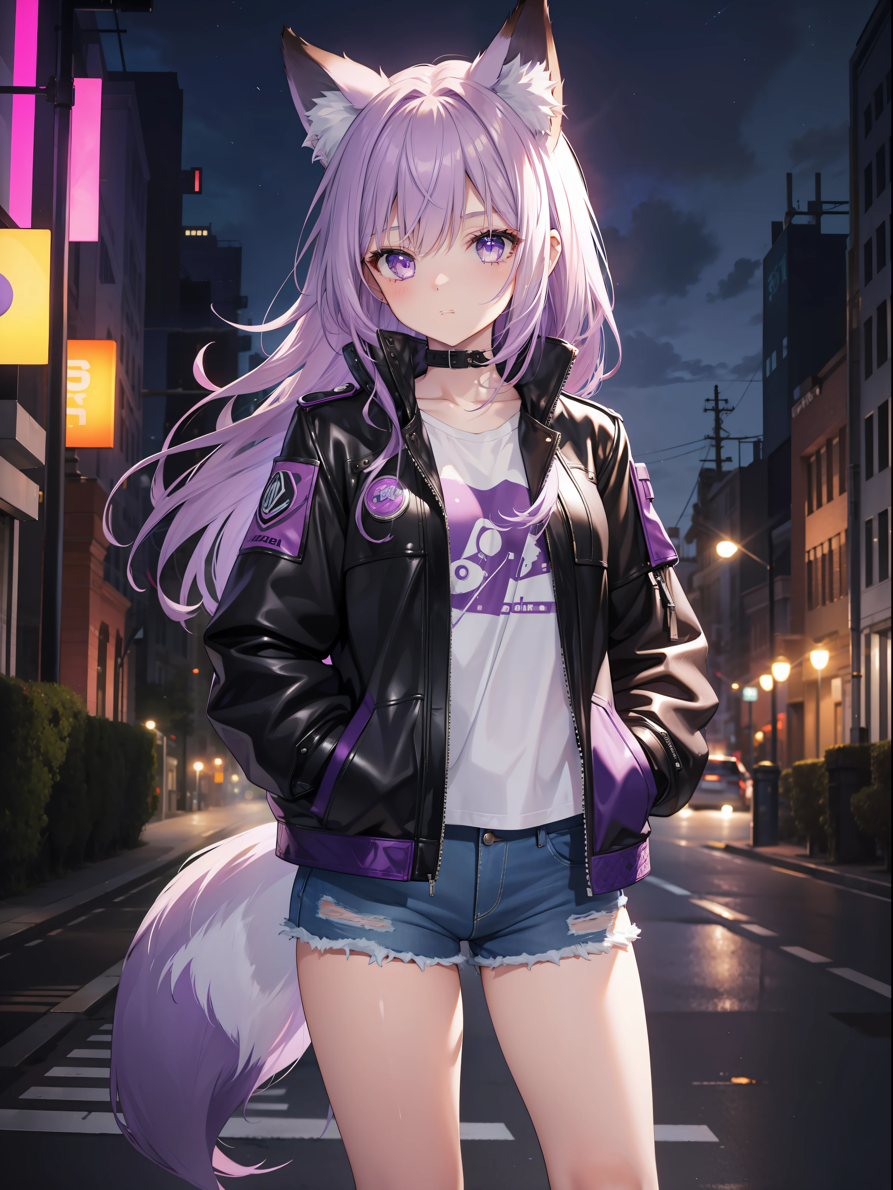 1girl,fox ears,purple hair,beautiful and detailed face,detailed eyes,leather jacket,denim shorts,in a park,at night,hands in pockets