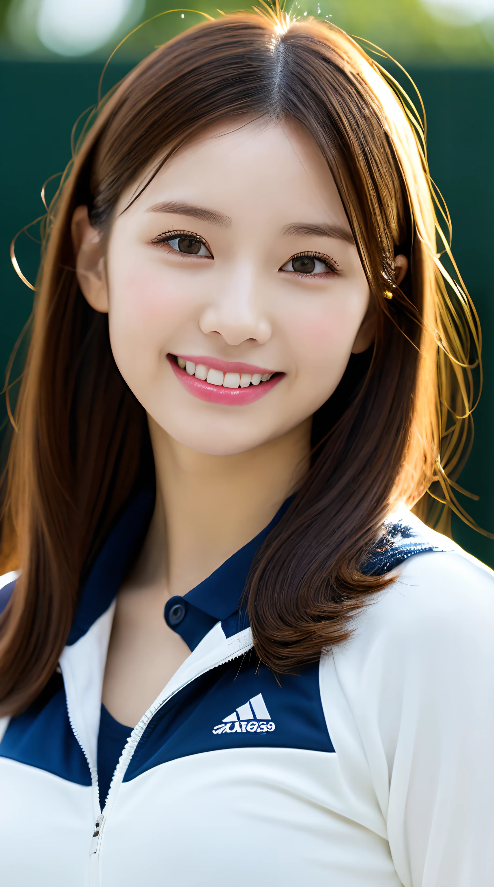 high-level image quality, masutepiece, Best Quality, Young woman in perfect style, Ultra-detailed, finely detail, hight resolution, 8K Wallpapers, Perfect dynamic composition, Beautiful detailed eyes, Medium Hair, (huge tit:1.2), Natural Color Lip, Smile, sport uniform, See-through wear based on white, tennis coat, Tennis Wear, (Tight abs:1.1), blurry backround, big breasts thin waist