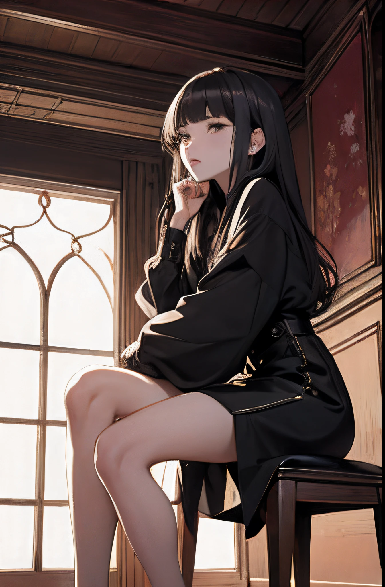 whaite hair，blacksilk，a beauty girl，nakeness，Look up，Sitting on a stool and looking at Erlang's legs，