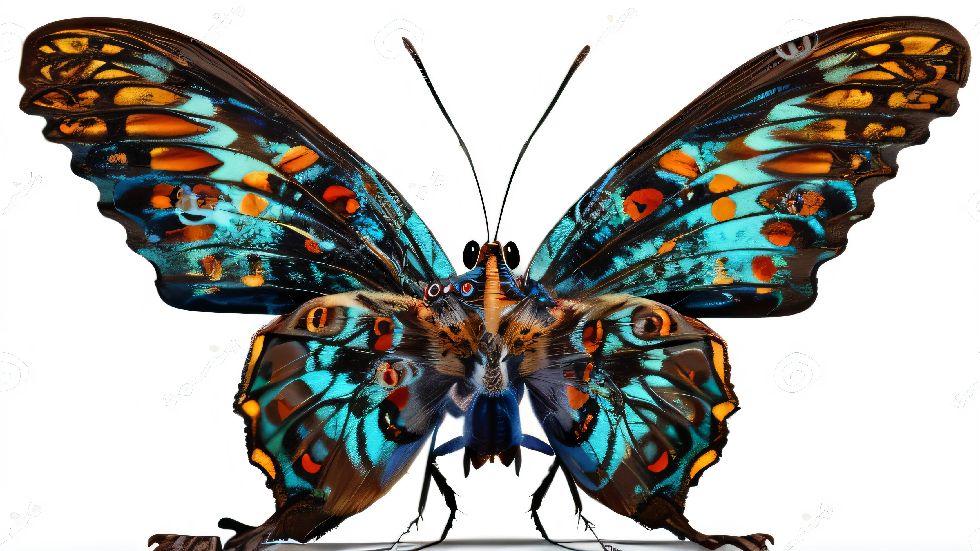 Butterfly with blue and orange wings on white background, Butterfly, exquisite and handsome wings, front poses, photo of a mechanical butterfly, Butterfly wings, Insect wings, Huge symmetrical wings, symetrical wings, butterfly pop art, Detailed. insect like, large wingspan, insectile forearms folded, beautiful opened wings, complete body view