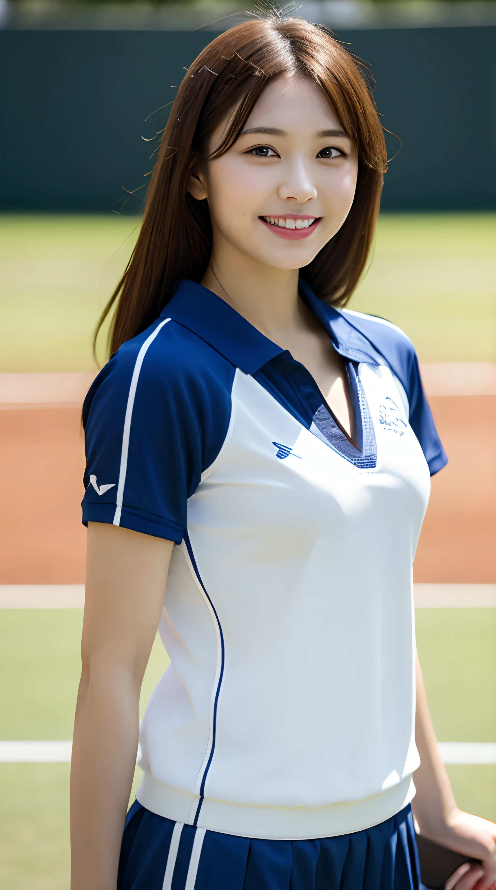 high-level image quality, masutepiece, Best Quality, Young woman in perfect style, Ultra-detailed, finely detail, hight resolution, 8K Wallpapers, Perfect dynamic composition, Beautiful detailed eyes, Medium Hair, (huge tit:1.2), Natural Color Lip,  Smile, sport uniform, See-through wear based on white, tennis coat, Tennis Wear, (Tight abs:1.1), blurry backround, big breasts thin waist