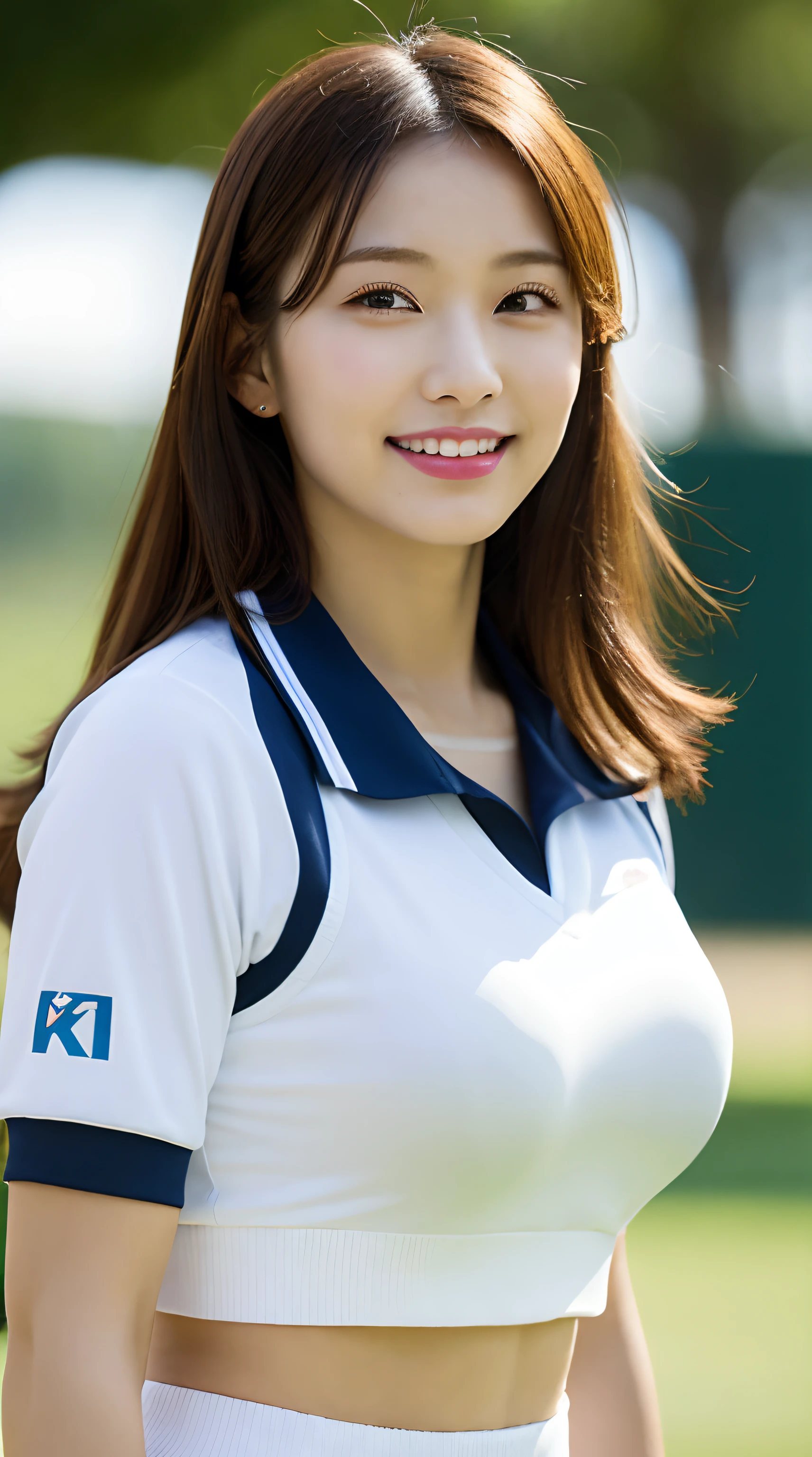 high-level image quality, masutepiece, Best Quality, Young woman in perfect style, Ultra-detailed, finely detail, hight resolution, 8K Wallpapers, Perfect dynamic composition, Beautiful detailed eyes, Medium Hair, (huge tit:1.2), Natural Color Lip, Smile, sport uniform, See-through wear based on white, tennis coat, Tennis Wear, (Tight abs:1.1), blurry backround, big breasts thin waist